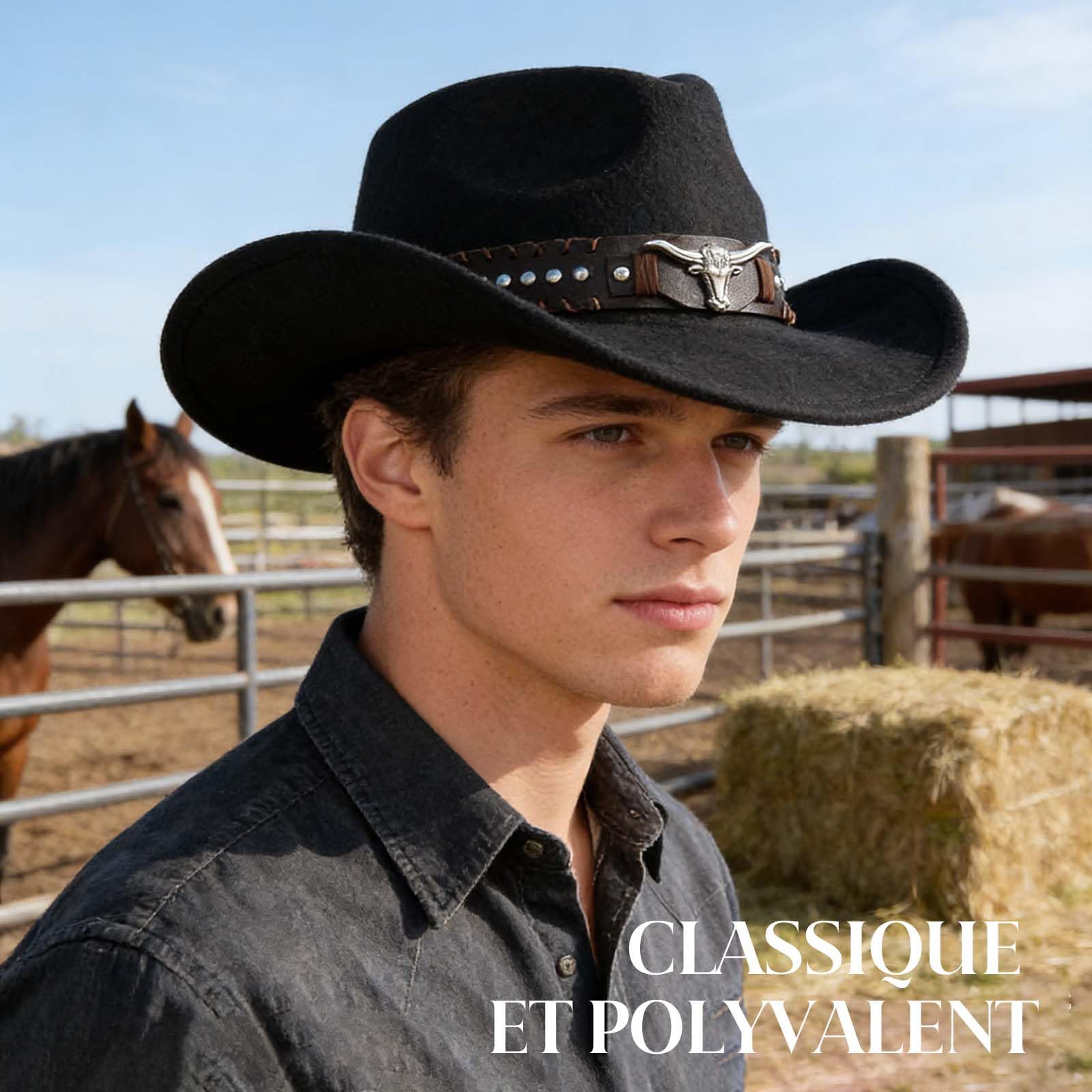 MYKAGS Chapeau de Cowboy en Feutre de Laine de Style Occidental avec Accessoire distinctif en Forme de tête de Taureau Chapeau de Soleil pour l'extérieur Chapeau de Cowboy Unisexe Polyvalent (Noir)
