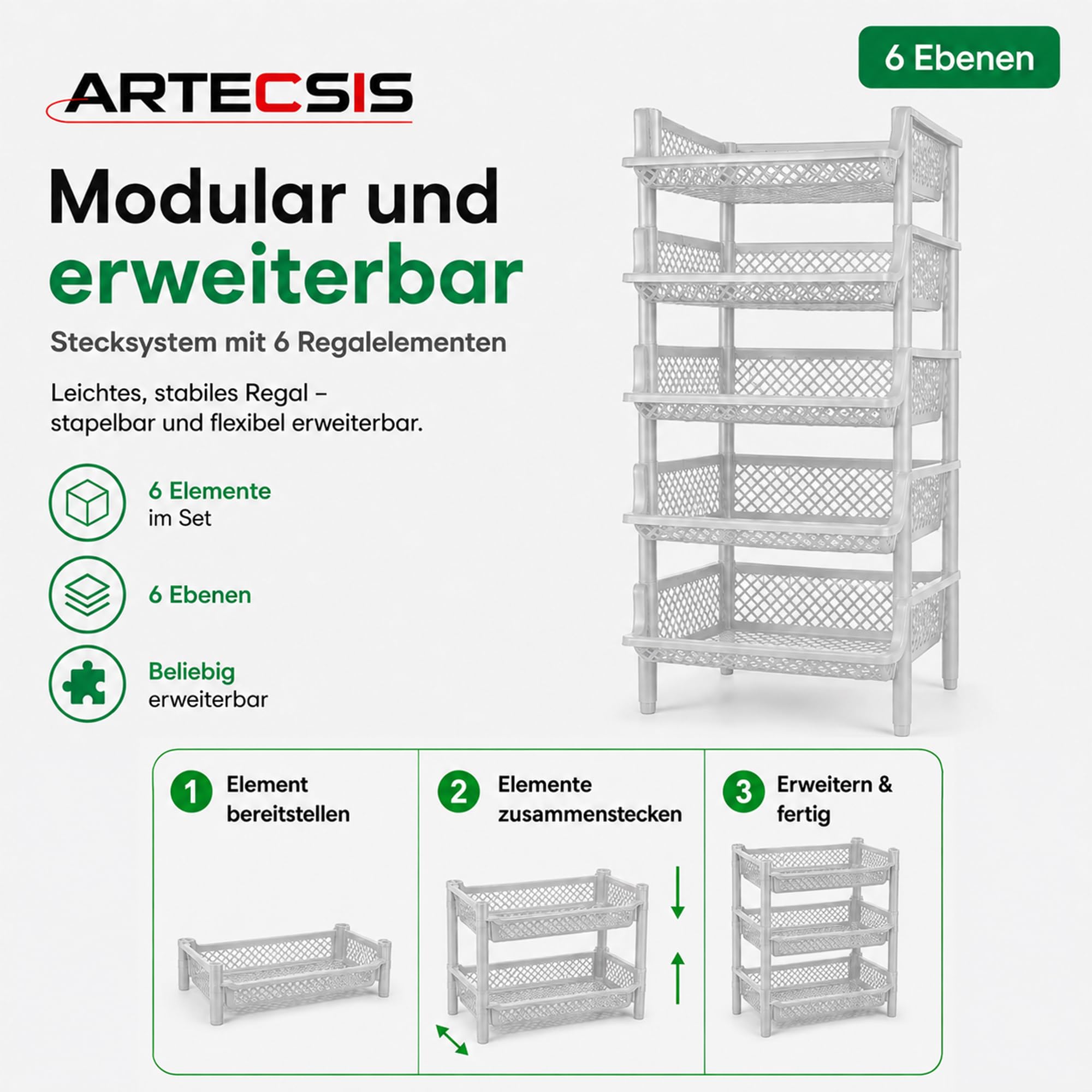 ARTECSIS® Korbregal aus Kunststoff mit 6 Regal-Etagen stapelbar & modular erweiterbares Stecksystem grau (schmal) - Kellerregal & Vorratsregal für Lagerung - Abstellraum Steckregal & Lagerregal