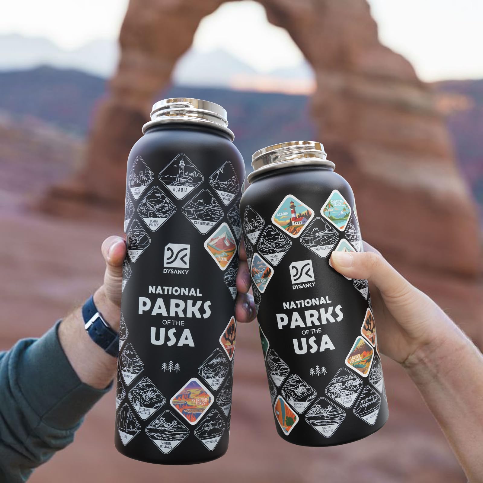 DYSANKY National Parks - Borraccia termica in acciaio inox da 907 ml, con 63 adesivi disegnati a mano, accessori per esterni e confezione regalo, senza BPA, ideale per escursioni, campeggio e viaggi