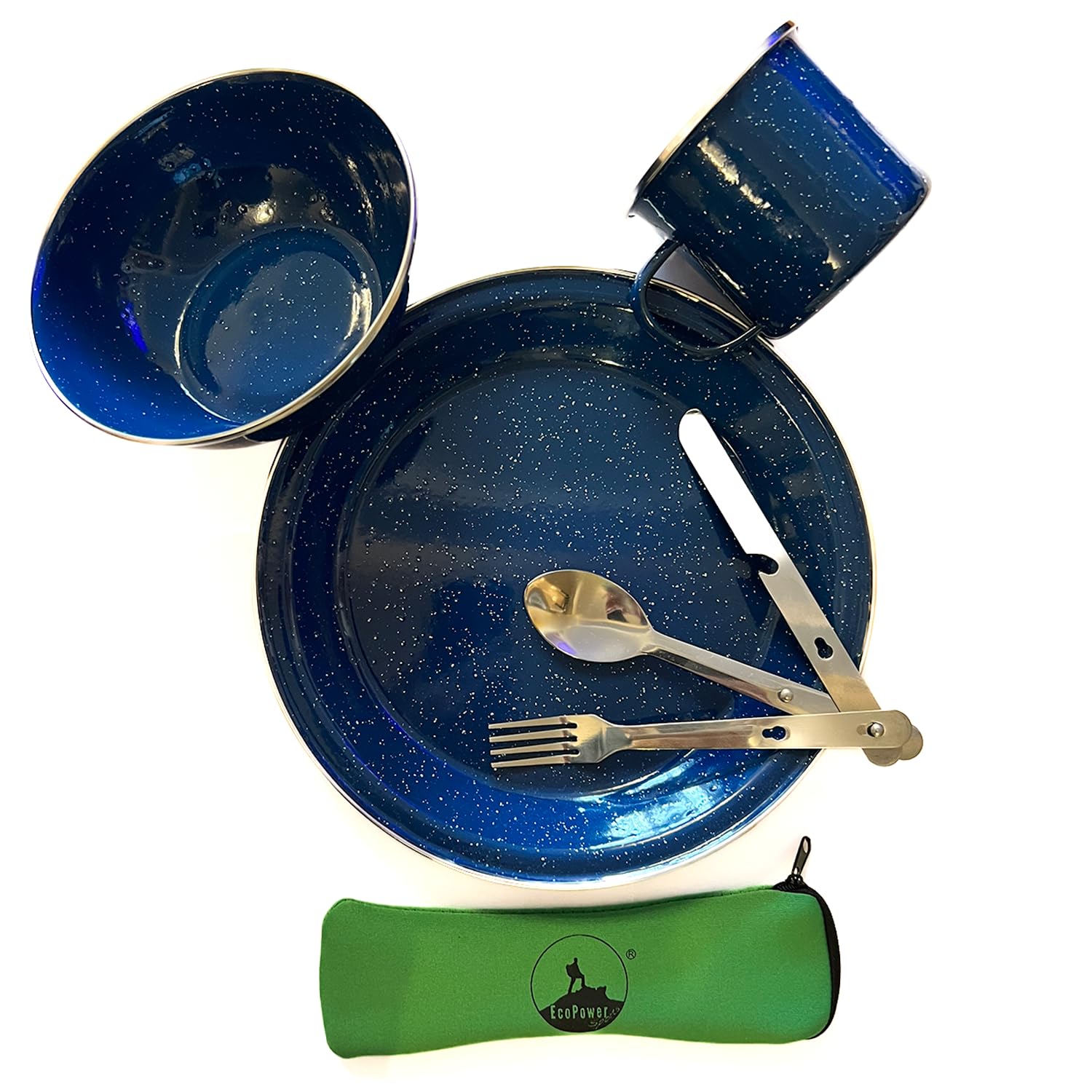 ECOPOWER SPORTS Mess kit, 1 Person Camping & Picnic Tableware Dining Set, Blue 350ml Mug/24 CM Plate/15CM Bowl/Stainless Steel Cutlery Knife with Bottle Opener, Fork, Spoon and Hygienic Pouch. 7PCS