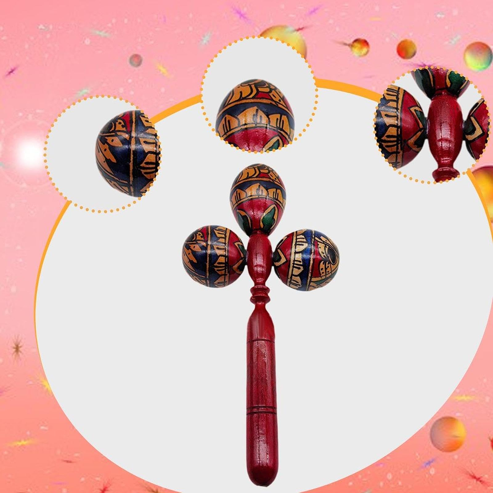 F Fityle Maraca Instrumento Música Triple Head Hand pintada Madera Pequeña Percusión de la mano de la mano para el juego Partido de la, Rojo