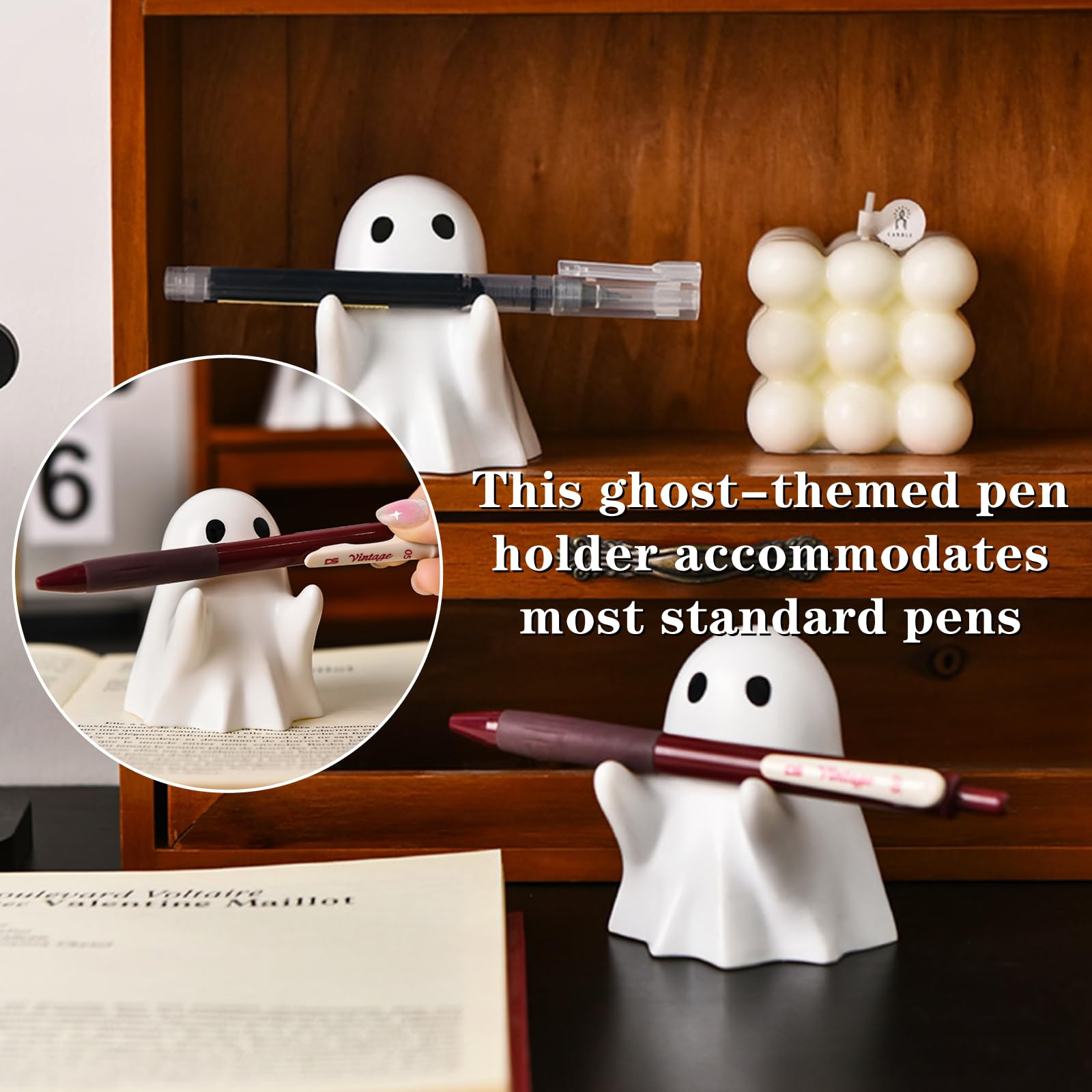 Majhoxka 1 Pcs Funny Ghost Pen Holder Cute Pen Holder Resin Ghost Figurine Pencil Stand for Home Office Desktop Decoration, White