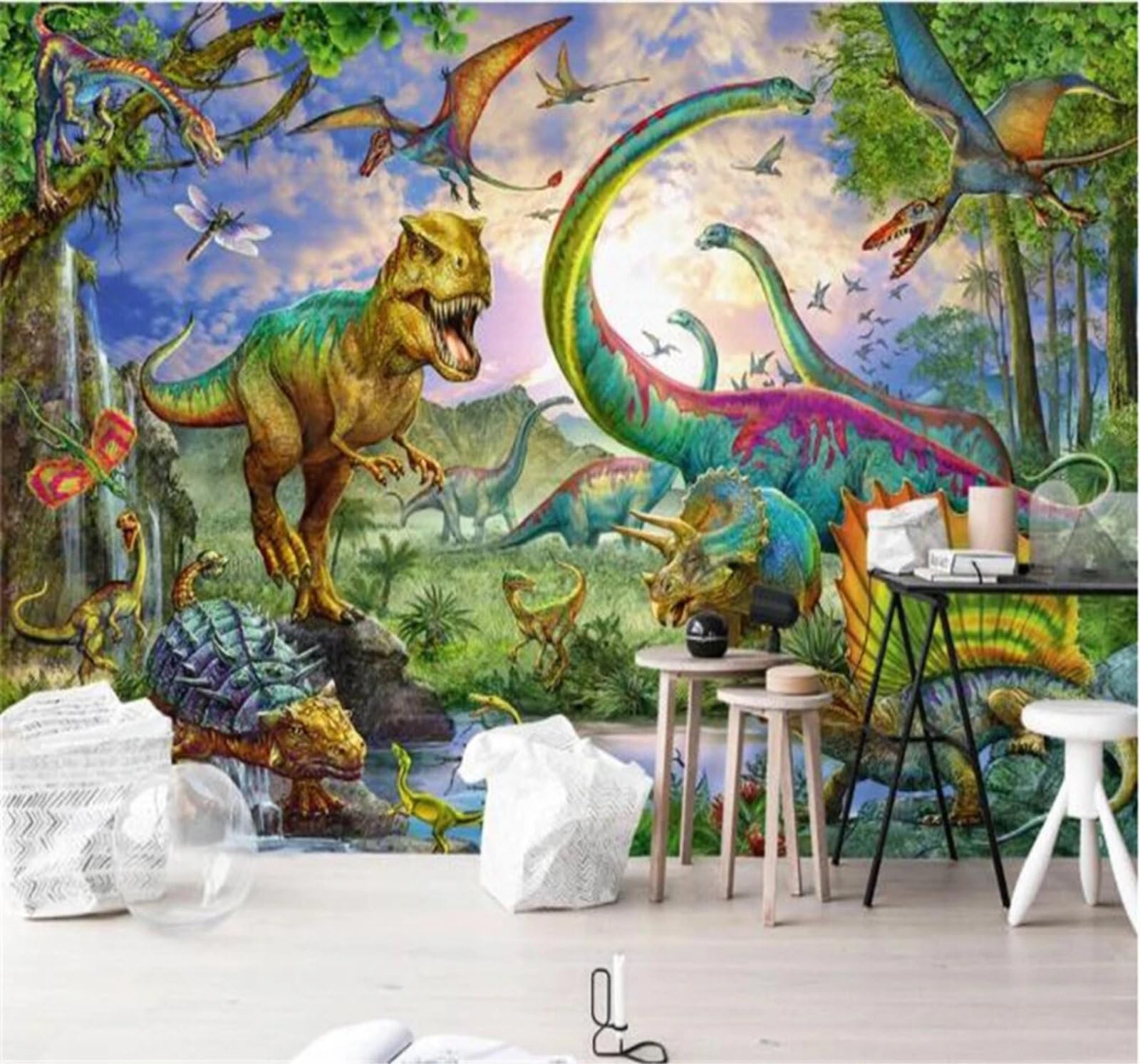 Fresh Hand Drawn Cartoon Dinosaurs Forest 3D Wallpaper Easy Install Feature Office Living Room Sofa Bedroom TV Background Wall Decoration-350cm×256cm