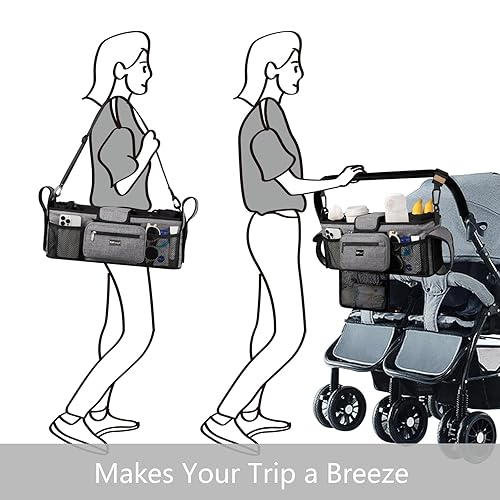 Miniatura 8 de TOPDesign Organizador universal para cochecito de bebé, carrito doble con bolsa de malla desmontable y portavasos aislados elevados y accesorios de