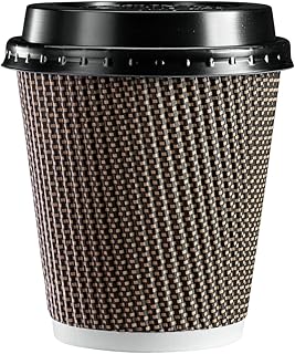 Comfy Package [10 oz - 300 ml - 50 unidades Tazas de papel kraft ondulado aisladas de color marrón con tapas (el color de las tapas puede variar)