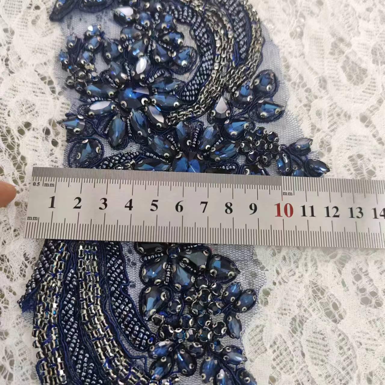 Handmade Beaded Rhinestone Appliques, Sew on Crystal Flower Lace Patch, 12.59 x 4.72 inches, Multi-Color Pairs for DIY Clothing, Wedding Dress, Home Decor (Royal Blue)