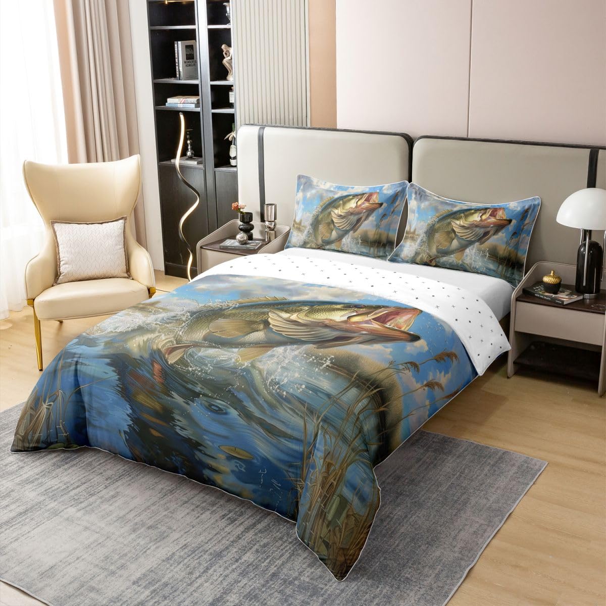 Homewish Bass Fish Kids King Zestawy Pościeli Wędkarstwo I Polowanie Bawełniana Poszewka Na Kołdrę Życie Morskie Poszewka Na Kołdrę Przybrzeżne Zwierzęta Zestaw Łóżek Dla Chłopców Nastolatków