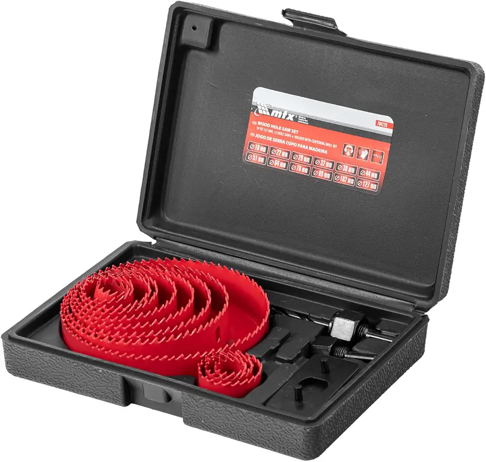 MTX Jogo de Serras Copo para Madeira 12 Peças 19 a 127 mm – Aço Carbono com Acessórios e Estojo