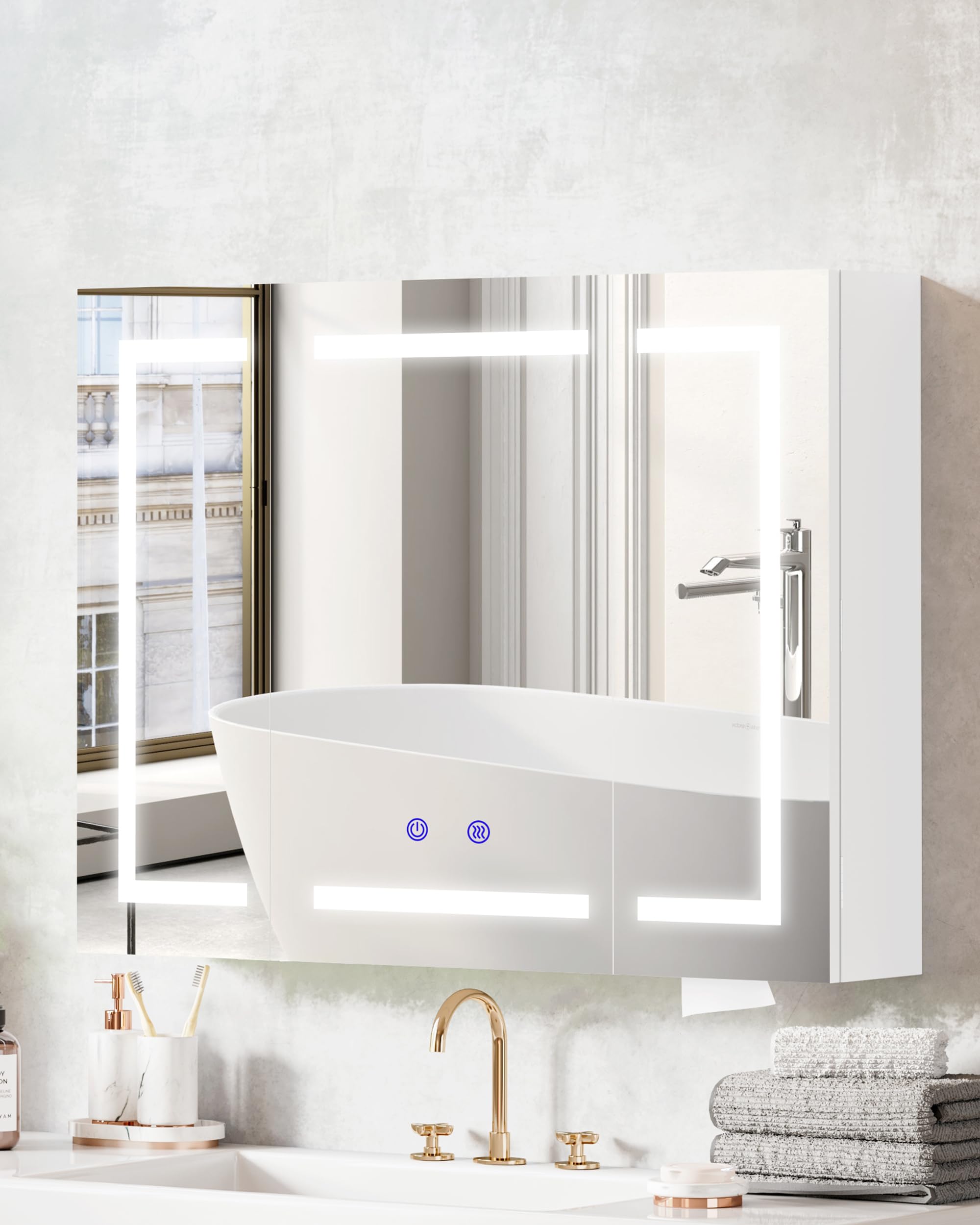 joolihome living LED Bathroom Mirror Cabinet, 3 Colour Light Makeup Mirror, 3 Door Wall Mounted Bathroom Mirror Cabinet with Lights and Shaver Socket, 60 x 80 cm — image 1
