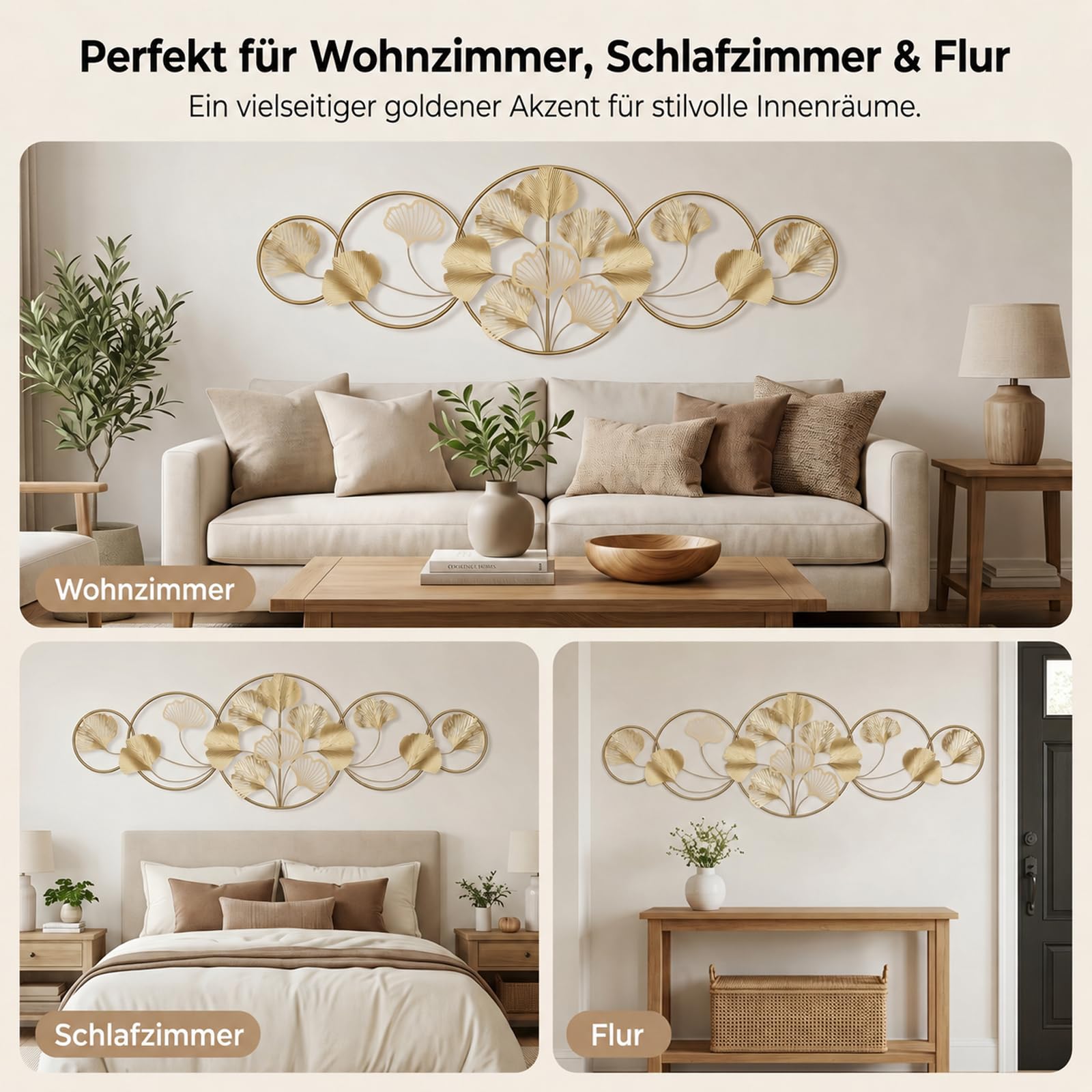 QHENS Wanddeko Ginkgo Gold, Wanddeko Metall Groß, Wand deko Wohnzimmer für Home Wall Art Dekoration, 3D wanddekoration Gingko, Blatt Einstellbar, 128x43CM
