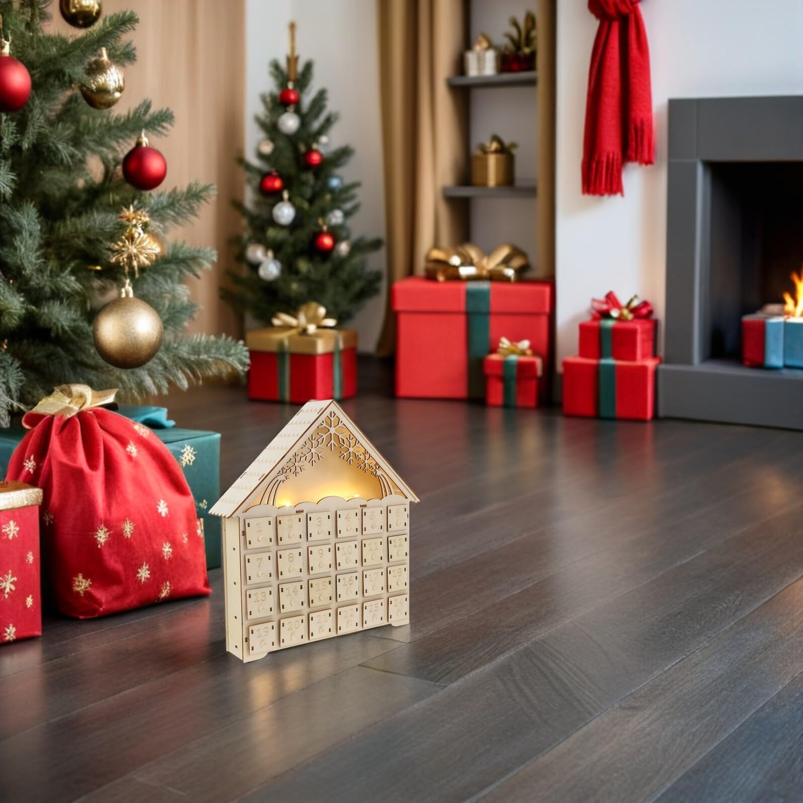 Alipis Calendario de Adviento de Madera con Luz LED Rellenables Decoración Navideña de Iglesia para Mesa Resistente y Reutilizable para Regresiva de Navidad