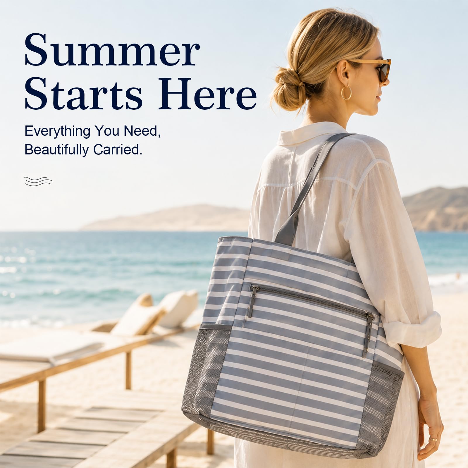 Borsa Mare Grande XXL Famiglia, Borsa Spiaggia Donna Impermeabile con Chiusura a Zip e Tasche, Borsa Mare in Tela Resistente con Pochette, Ideale per Piscine, Vacanze e Viaggio