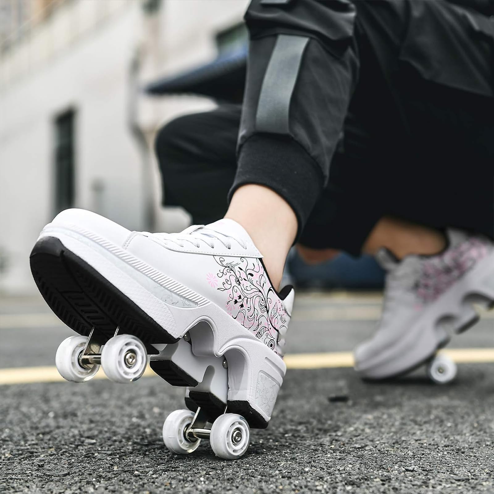 Rollschuhschuhe für Herren und Damen, 2-in-1, zweireihig, Deform-Rollschuhe, Jungen und Mädchen, Turnschuhe mit abnehmbaren Rädern, für drinnen und draußen