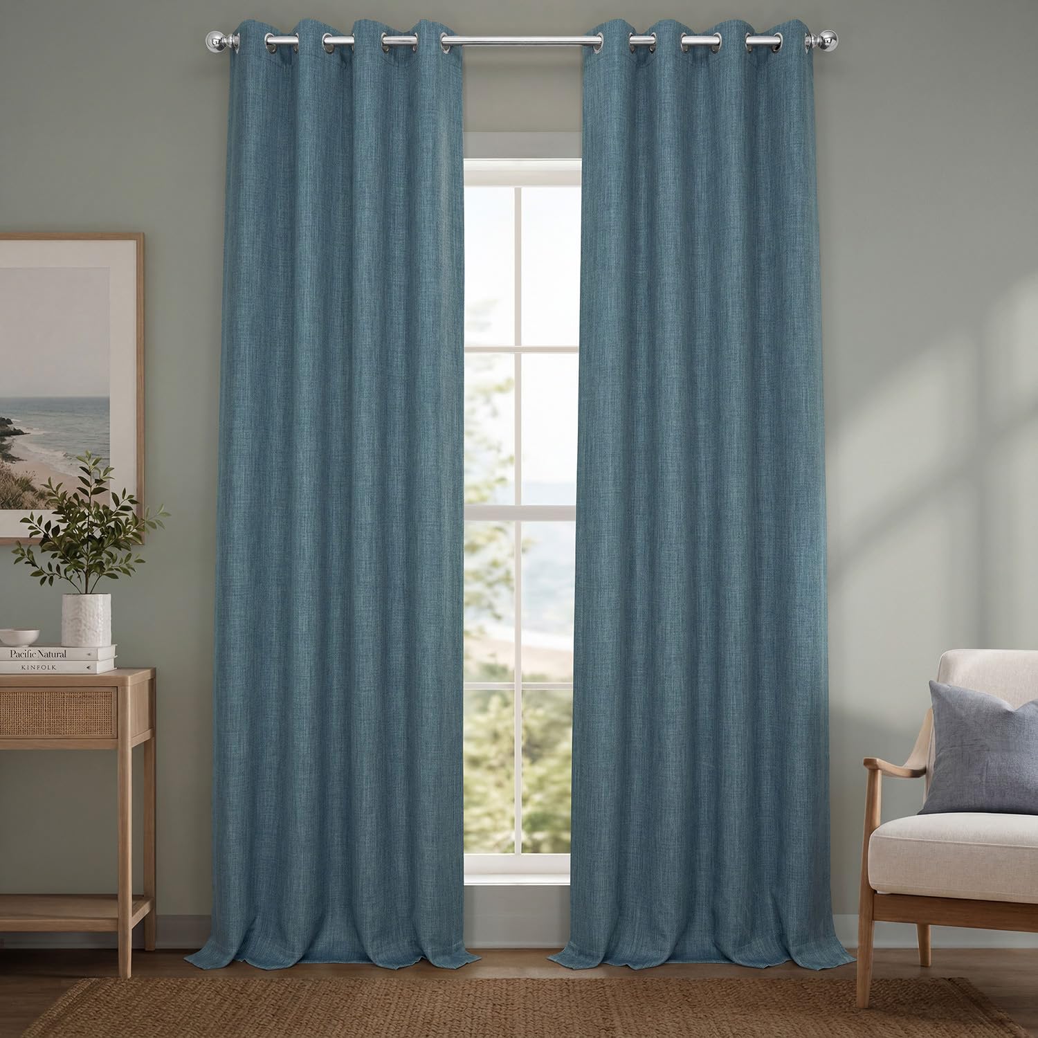 Grommet Faux Linen Curtains for Bedroom (1 Panel) - 50W X 84L, Reverie Blue