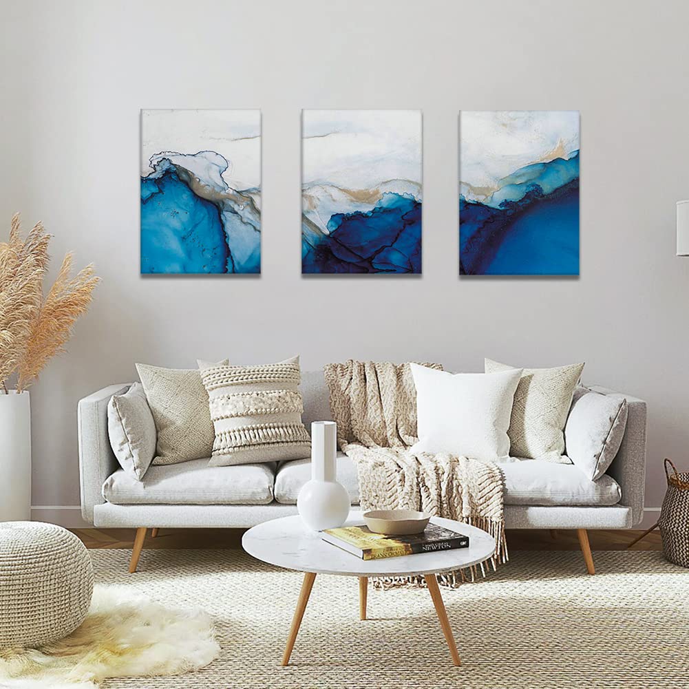 Artscope 3 Pieces Abstract Wall Art Canvas Prints, Marble Blue and White Fluid Ink Picture Painting - Image 2