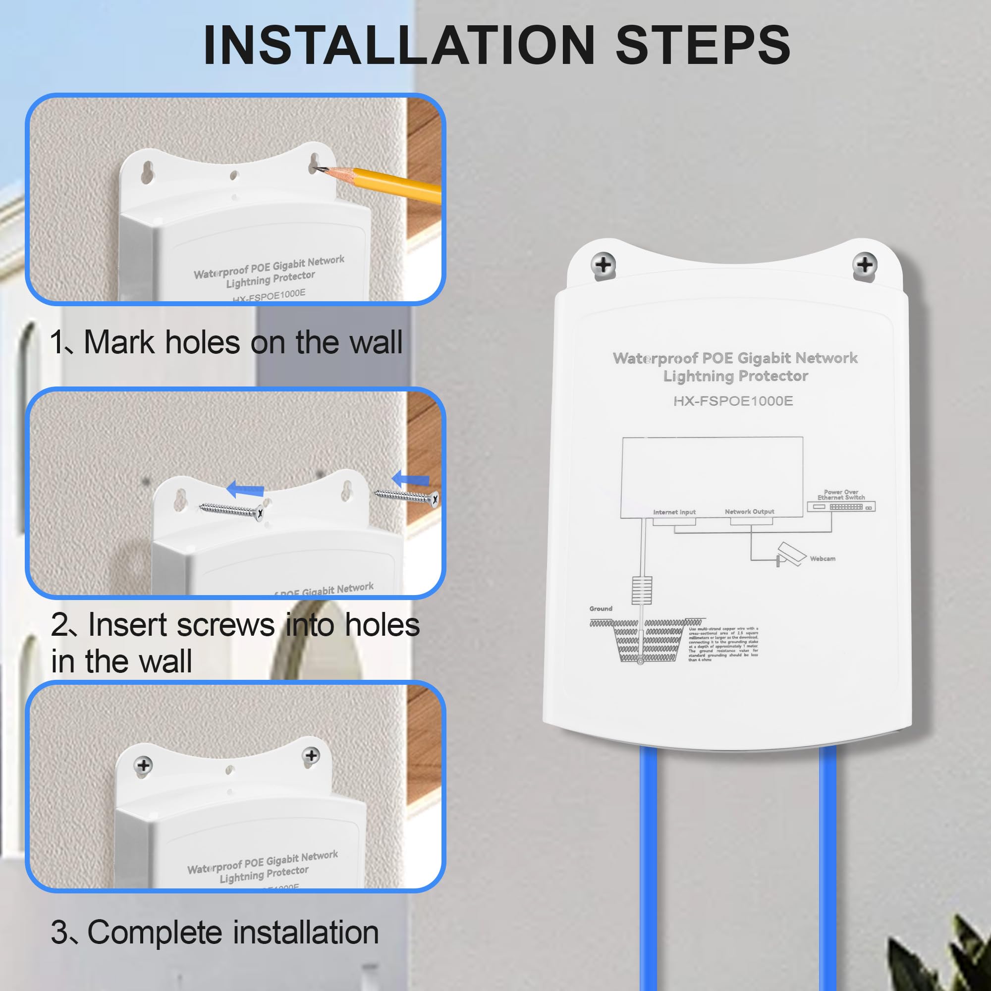 Outdoor Gigabit PoE Ethernet Surge Protector IEEE802.3Af/At/BT 1000Mbps, Waterproof Outdoor Ethernet,Lightning Protection 5KA IP65,Wall-Mounted Plug and Play (Network Extension Only)