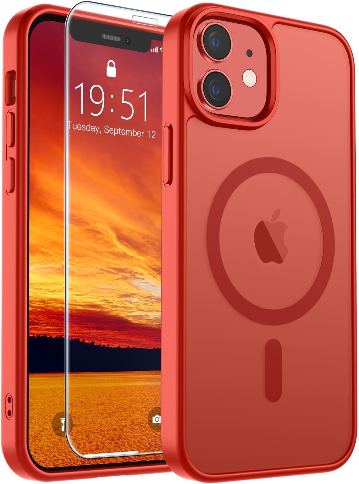 SUPFINE Magnetic for iPhone 12 Case/iPhone 12 Pro Case with Screen Protector (Compatible with MagSafe)(Military Grade Drop Protection) Translucent Matte Phone Cover,Red
