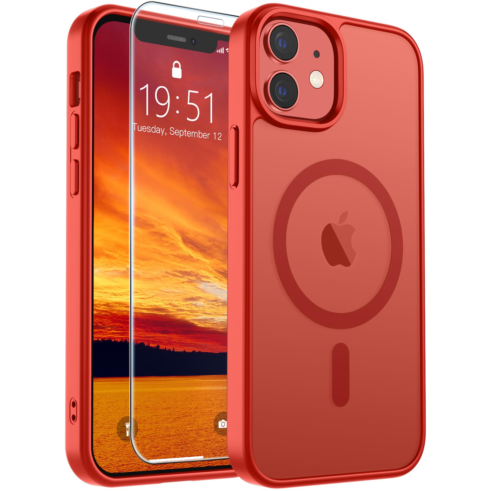 SUPFINE Magnetic for iPhone 12 Case/iPhone 12 Pro Case Red | With Screen Protector, Translucent Matte, Compatible with MagSafe, Military Grade Drop Proof, Rugged Shockproof Protective