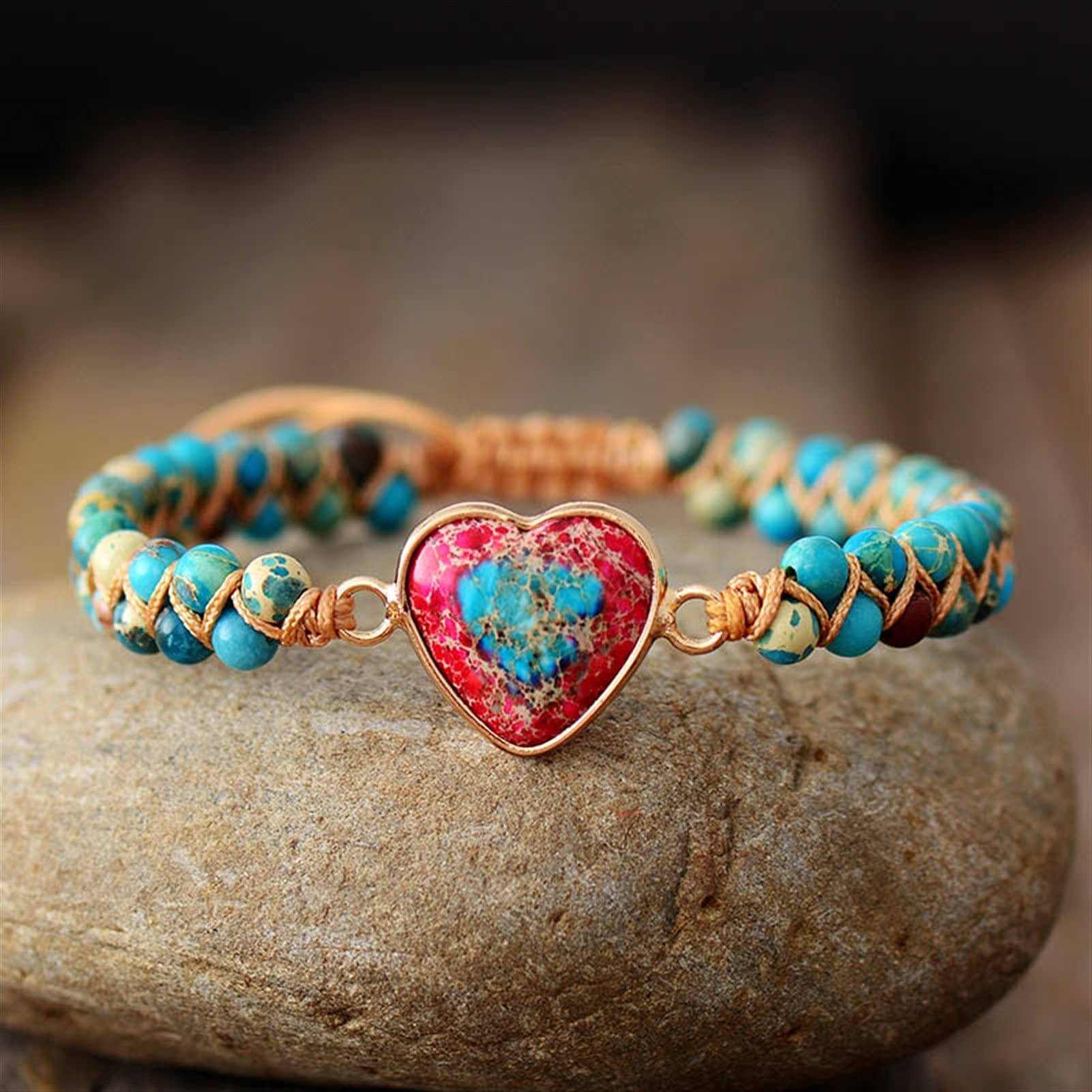 Pulsera de Piedra Natural Pulseras con dijes de corazón de Piedra Natural Pulseras de macramé Trenzadas de Hilo Pulsera Envolvente de Amistad de jaspes Joyería Femenina Pulsera joyería