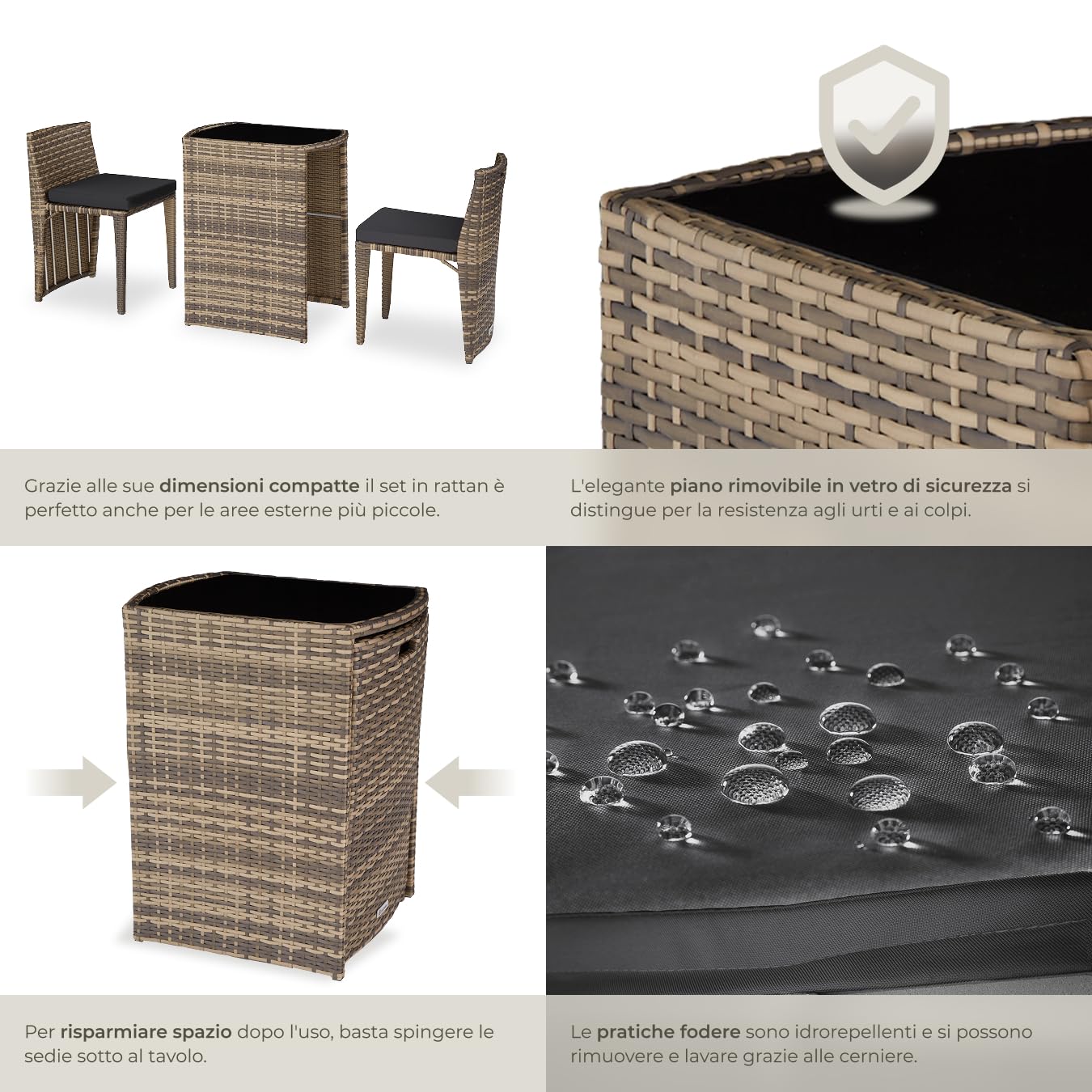Set Bistrot Rattan Amburgo con Cuscini Idrorepellenti e Telaio in Alluminio