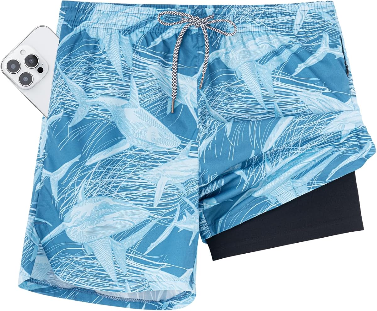 2 in 1 Mens 5" Swim Trunks with Compression Liner Bathing Suit Men Stretch Quick Dry Board Shorts Zipper Pockets