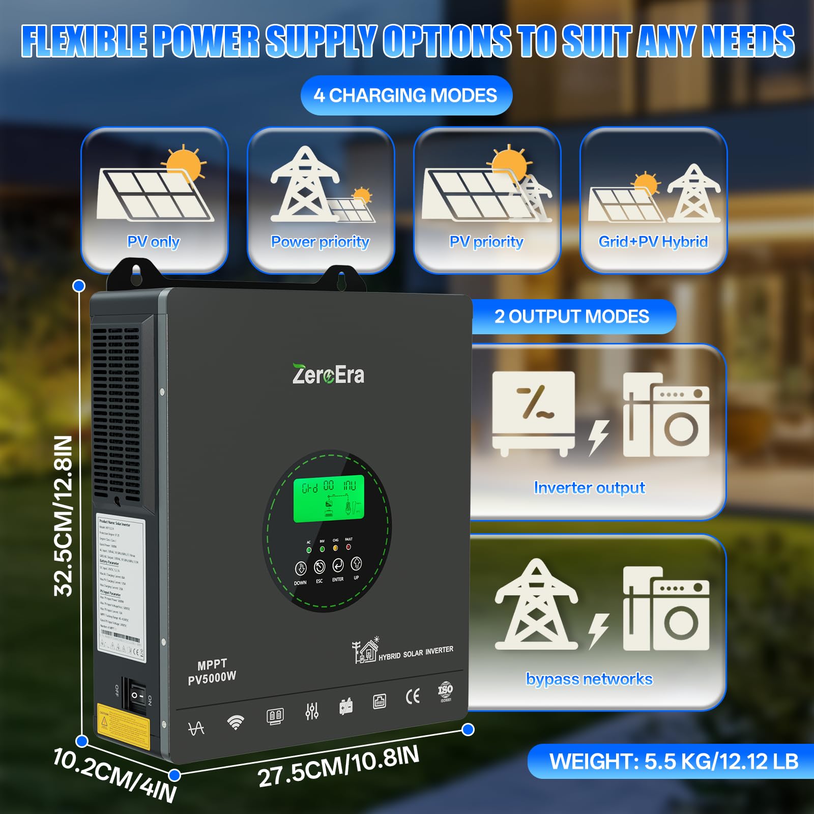 ZeroEra Inversor Híbrido 24V 3300W,Inversor Solar Híbrido Onda Sinusoidal Pura,24V CC a 220V/230V CA,WiFi,Controlador Carga MPPT,Protección BMS,Funcionamiento Batería (24V 3300W WiFi)
