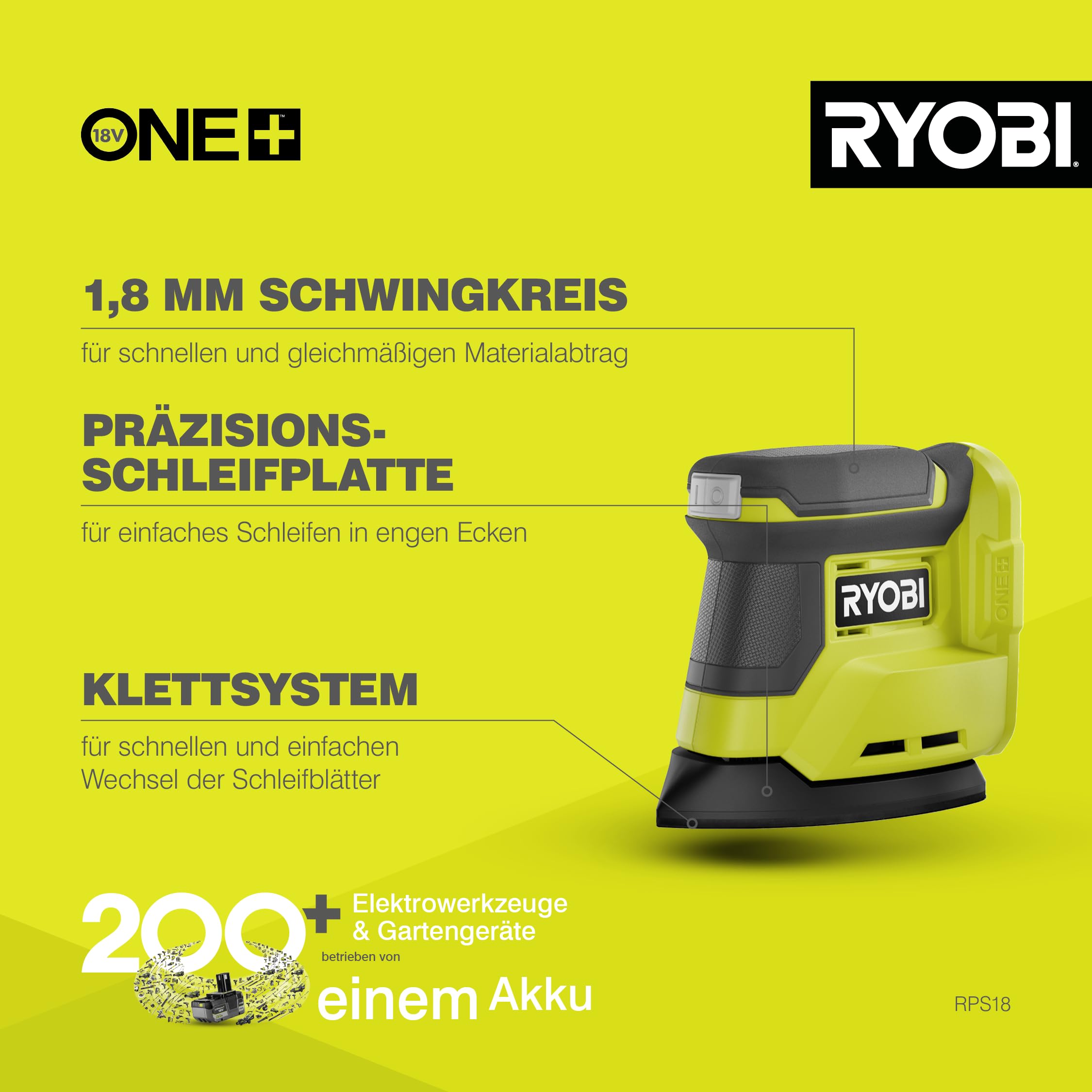 RYOBI 18 V ONE+ Akku-Delta-Vibrationsschleifer RPS18-0, 100x140 mm Schleifteller, 1,8 mm Schwingdurchmesser, ohne Akku und Ladegerät