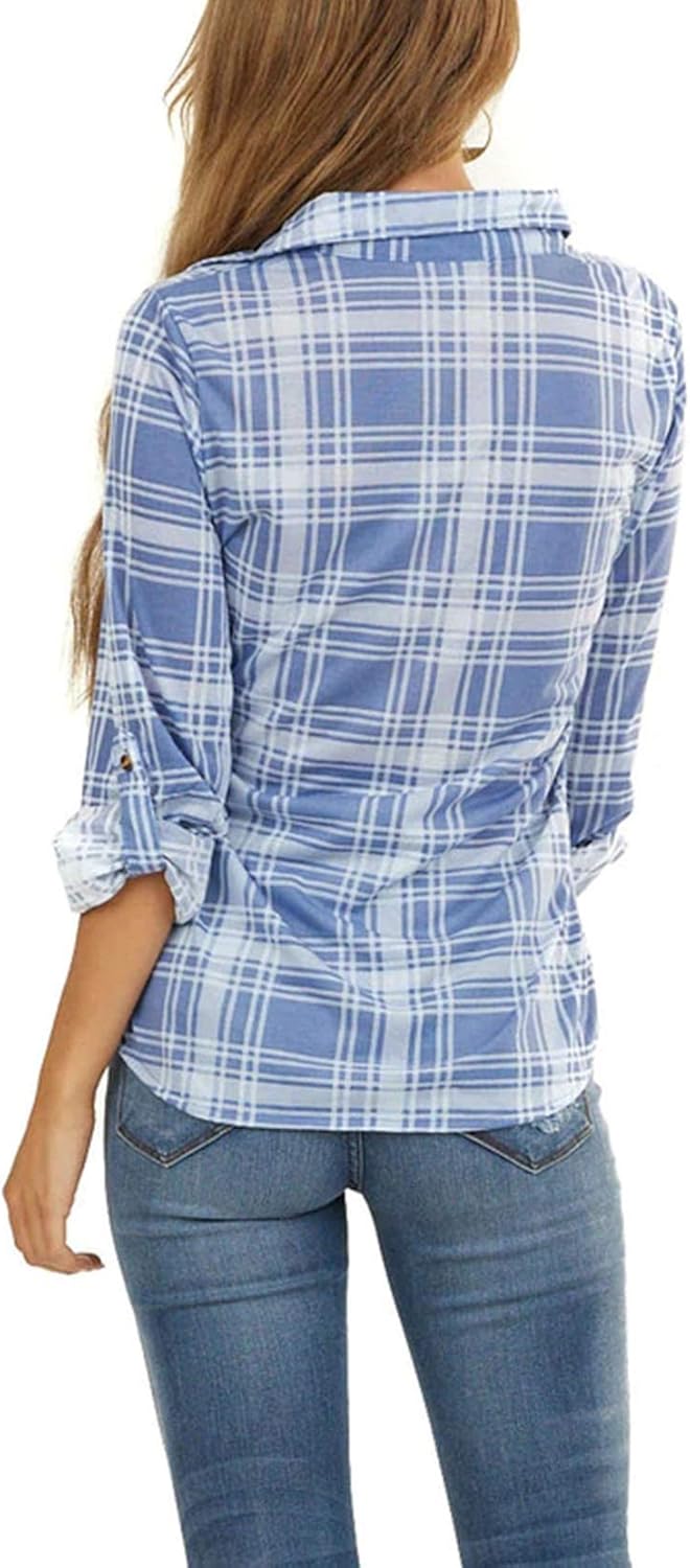 NUOREEL Women's Classic Plaid Flannel Shirt Button Down Roll Up Long Sleeve Casual Blouse Top - Image 4