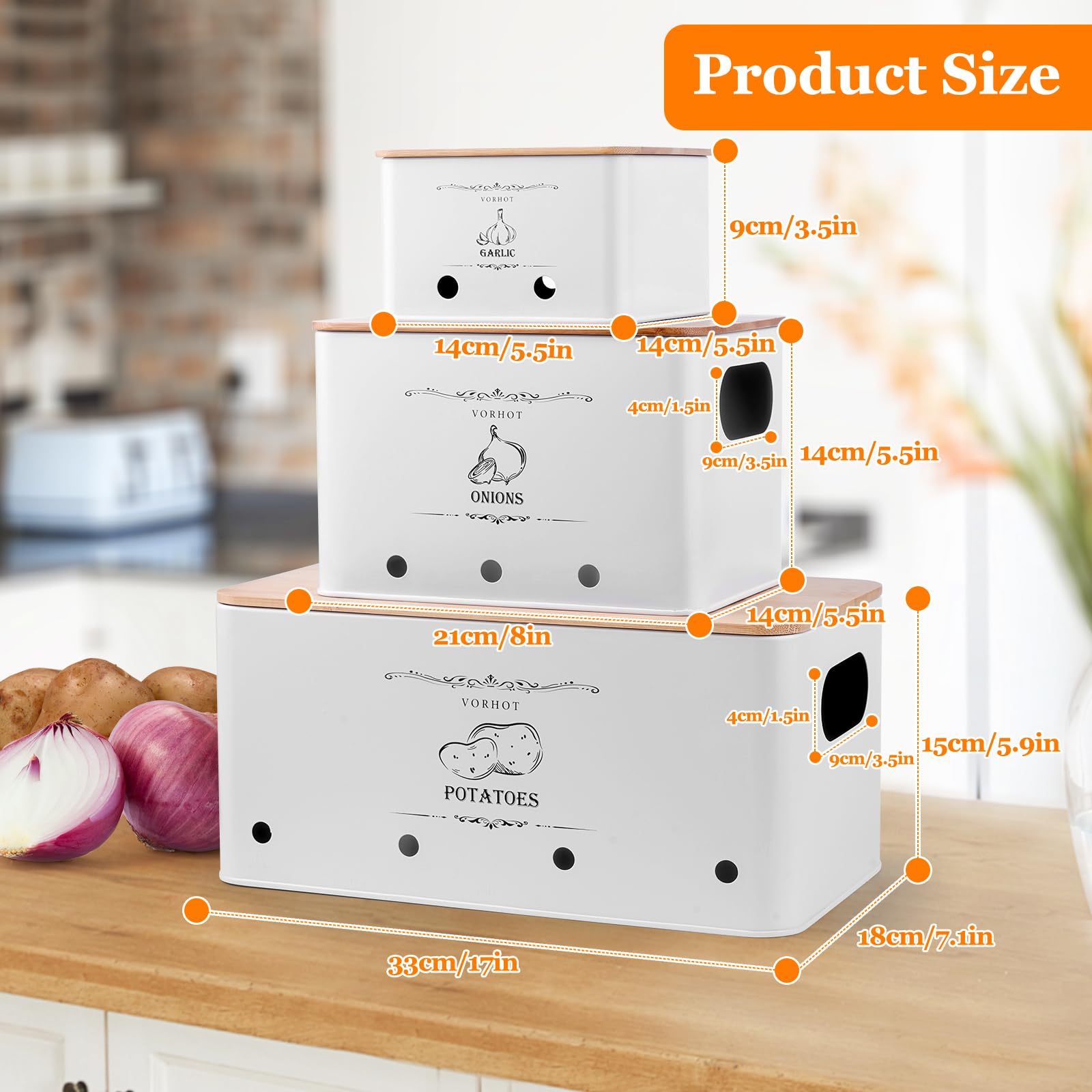 Porta Patate Cipolle Aglio, Set di 3 Contenitore Patate e Cipolle e Aglio, Porta Cucina con con Coperchio in Bambù e Fori di Ventilazione, Bianco