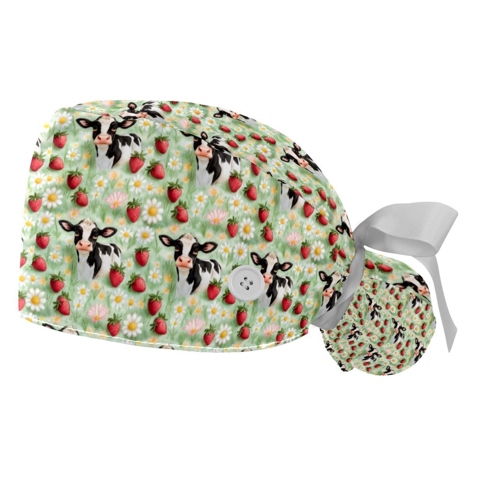 2 PCS Bouffant Cap with Button Ponytail Pouch Working Cap Sweatband Adjustable Surgical Cap Black and White Cow