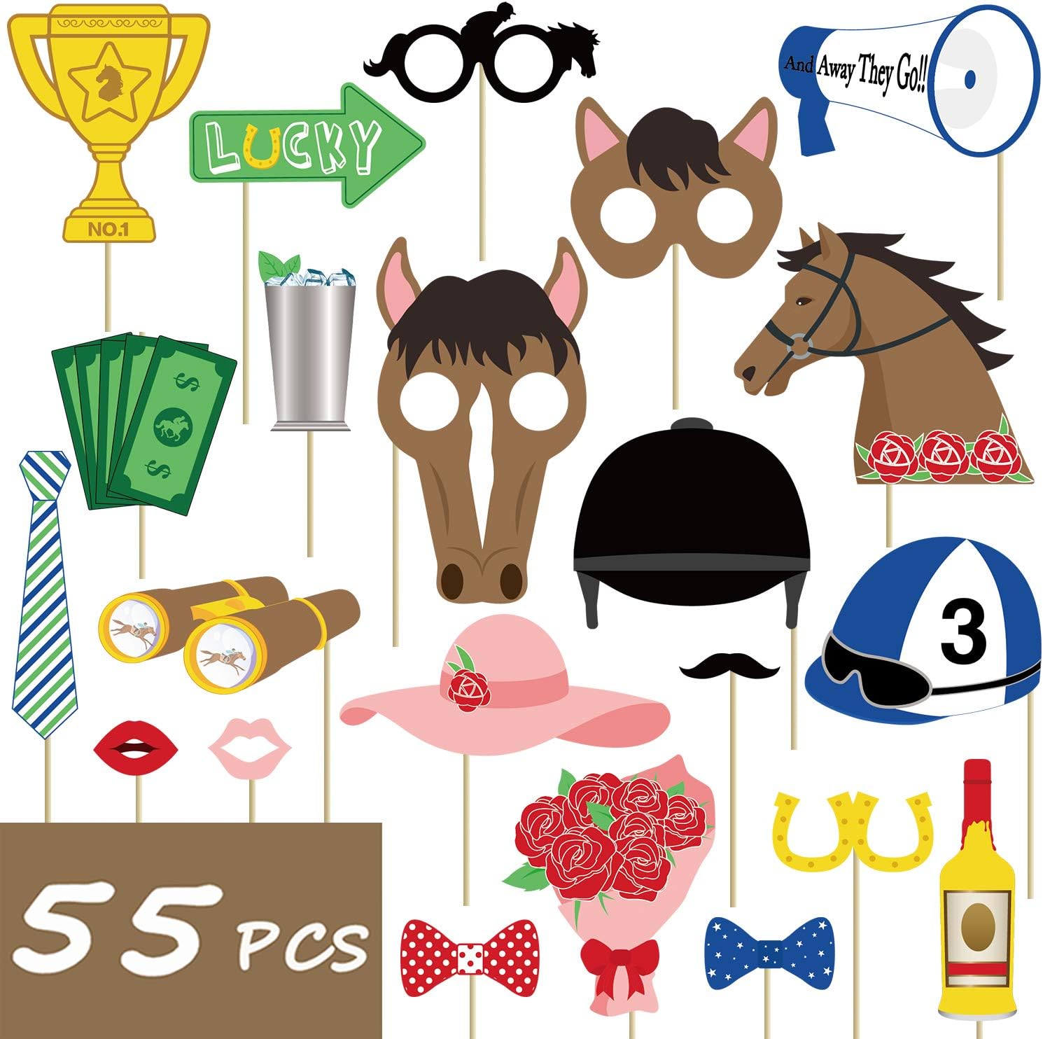 55PCS Kentucky Party Derby Day Photo Booth Props Supplies Horse Racing Decorations