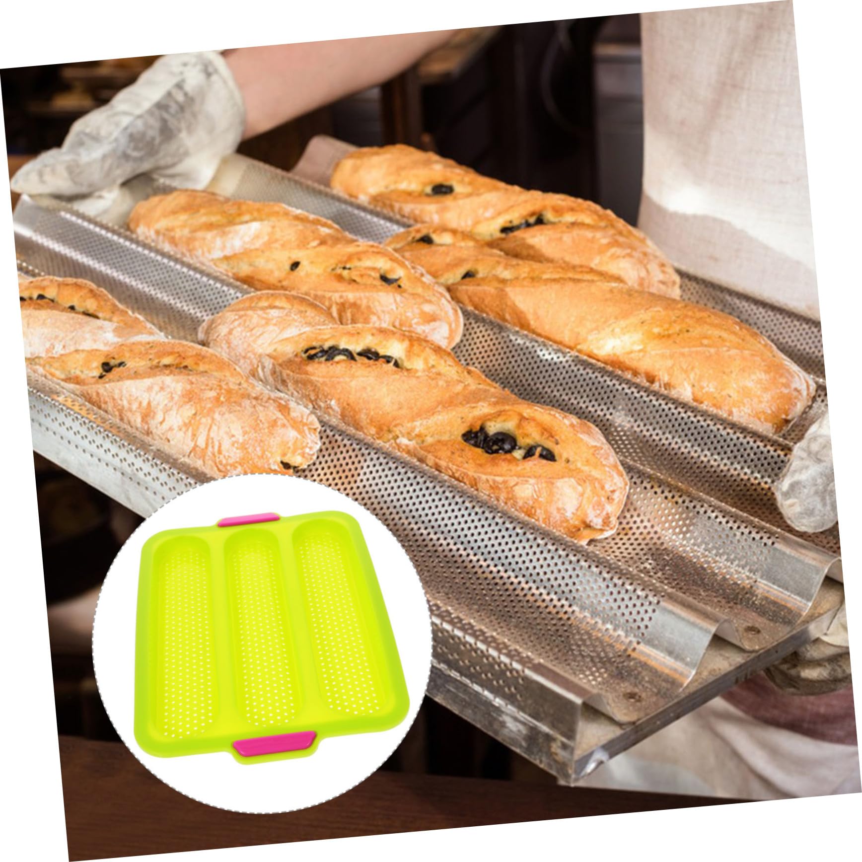 OUNONA Silicone No Stick Baking Tray for Bread Sticks Slot Wave Mold for Homemade French Baguettes and Kitchen Accessory for Even Heat Distribution Green