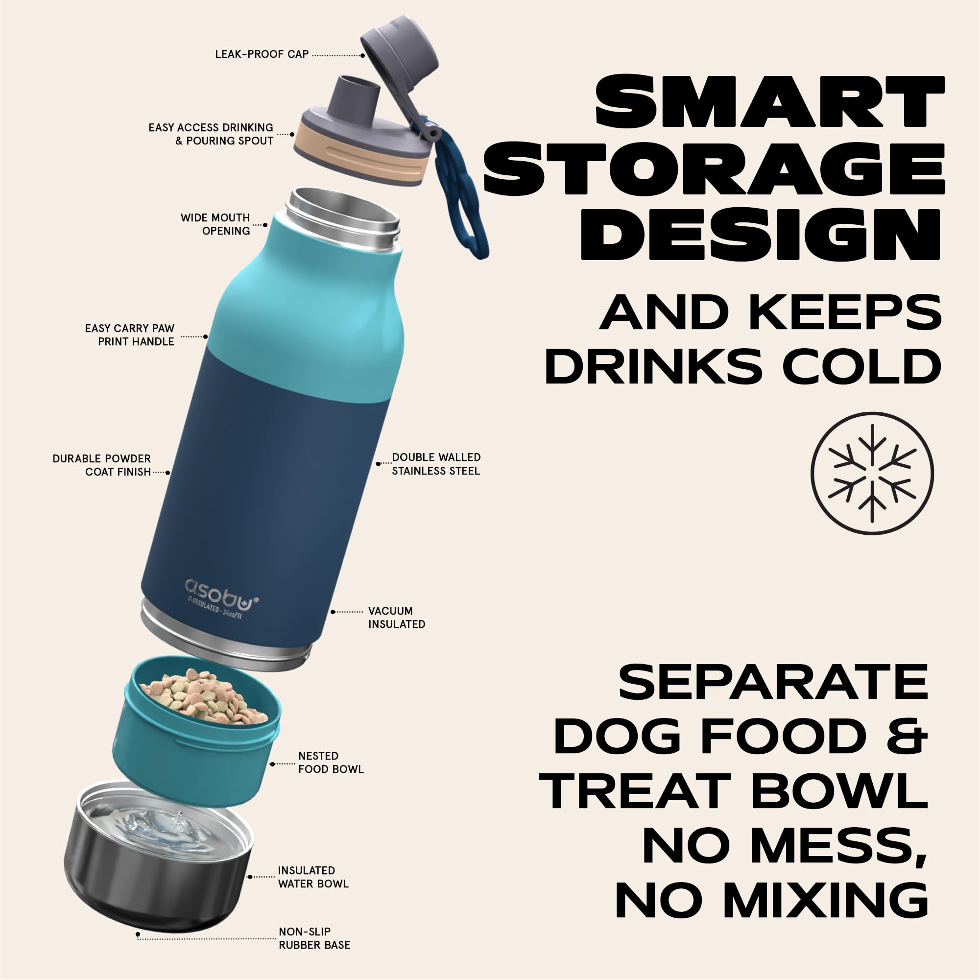 Asobu Buddy Bottle - Borraccia termica in acciaio inox, con ciotola per l'acqua rimovibile per cani e cibo per cani (verde pastello, 963,9 g)