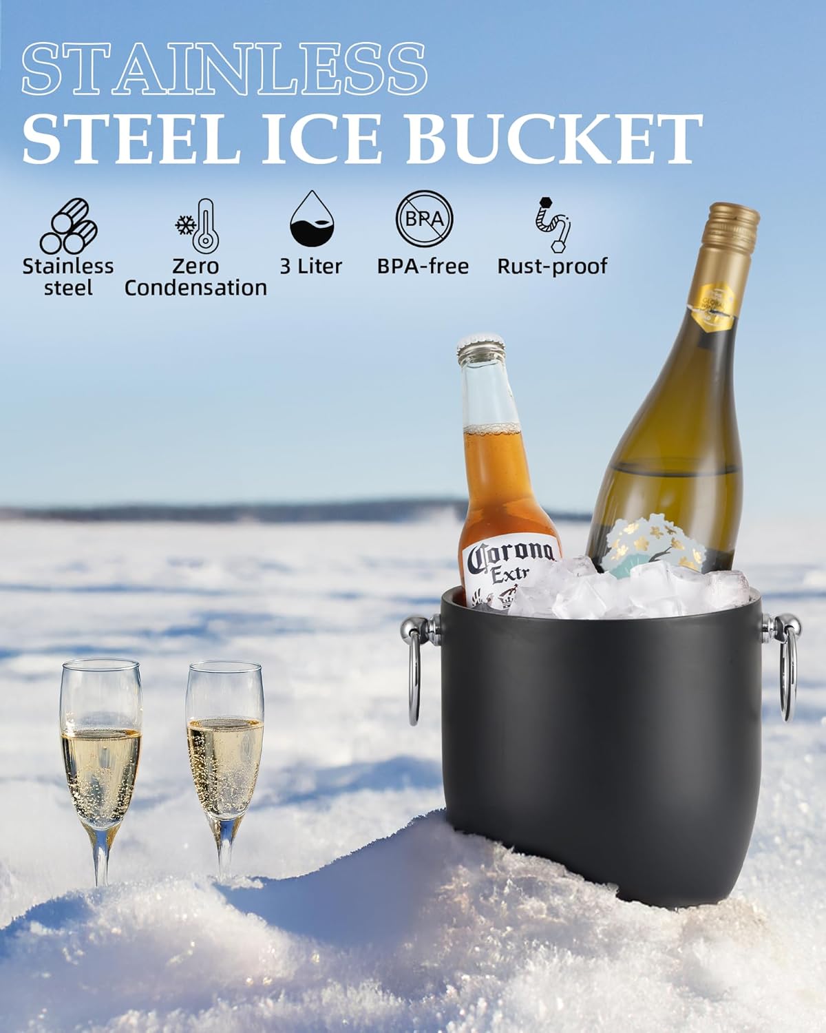 Insulated Ice Bucket, 3L Double Wall Stainless Steel Ice Bucket with Tongs,Lid, Scoop and Strainer, Ice Buckets for Parties,Cocktail Bars, Chilling Beer, Champagne, Wine Bottles - Image 3