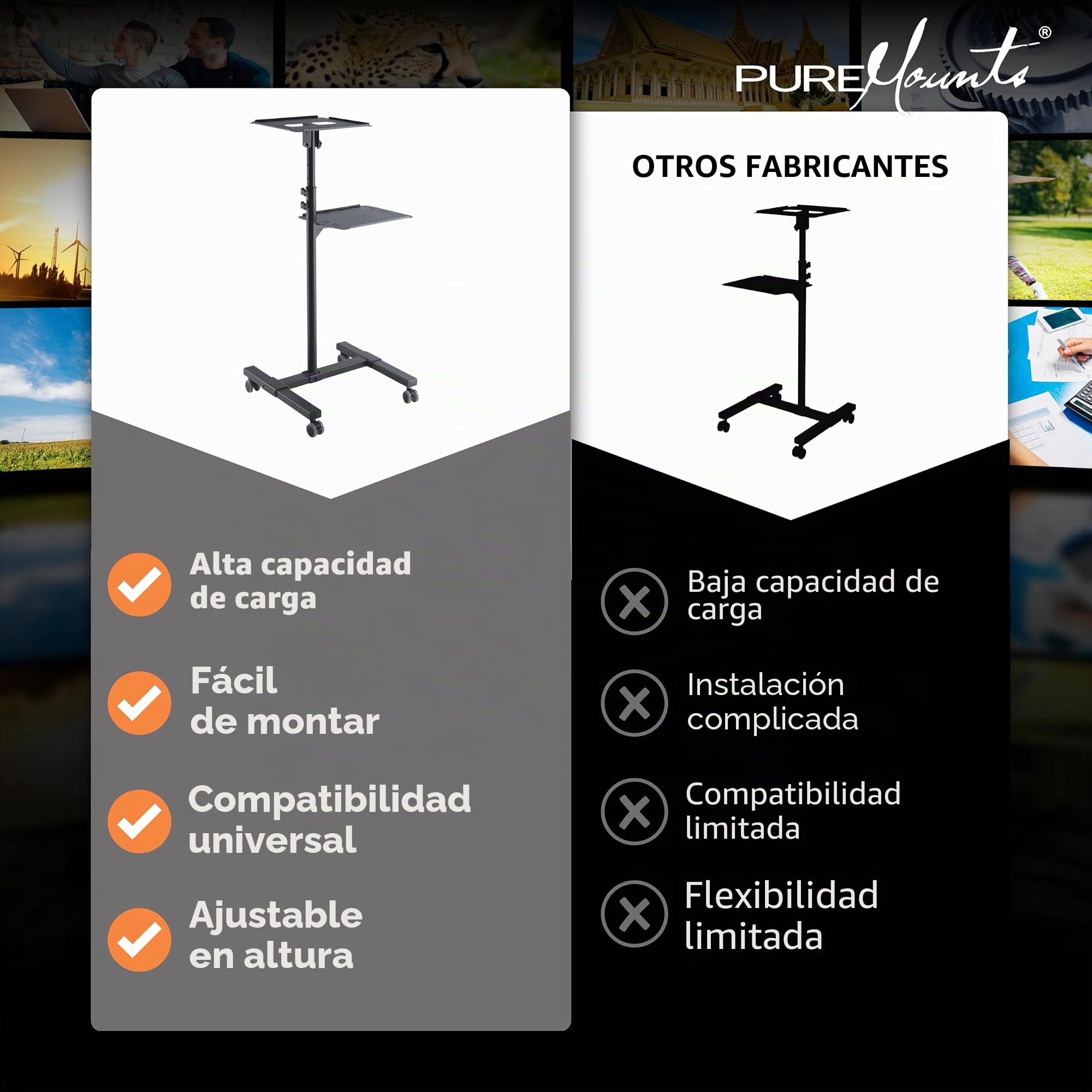 PureMounts Carro de proyección inclinable/Mesa de proyección para proyectores, Ajustable de Forma Flexible (950 mm a 1450 mm), Ruedas bloqueables, Capacidad de Carga de 10 kg, Color Negro.