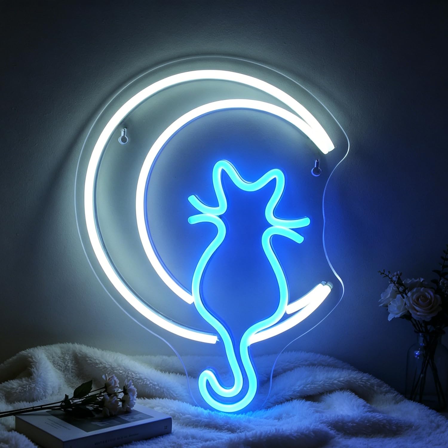 Moon Cat Neon Signs Wall Decor LED Light Sign for Dimmable USB Powered Neon Light for Bedroom Decor, Party Event, Game Room, Wall Decoration, Man Cave, Wall Art, Wedding 13.78”x10.83”