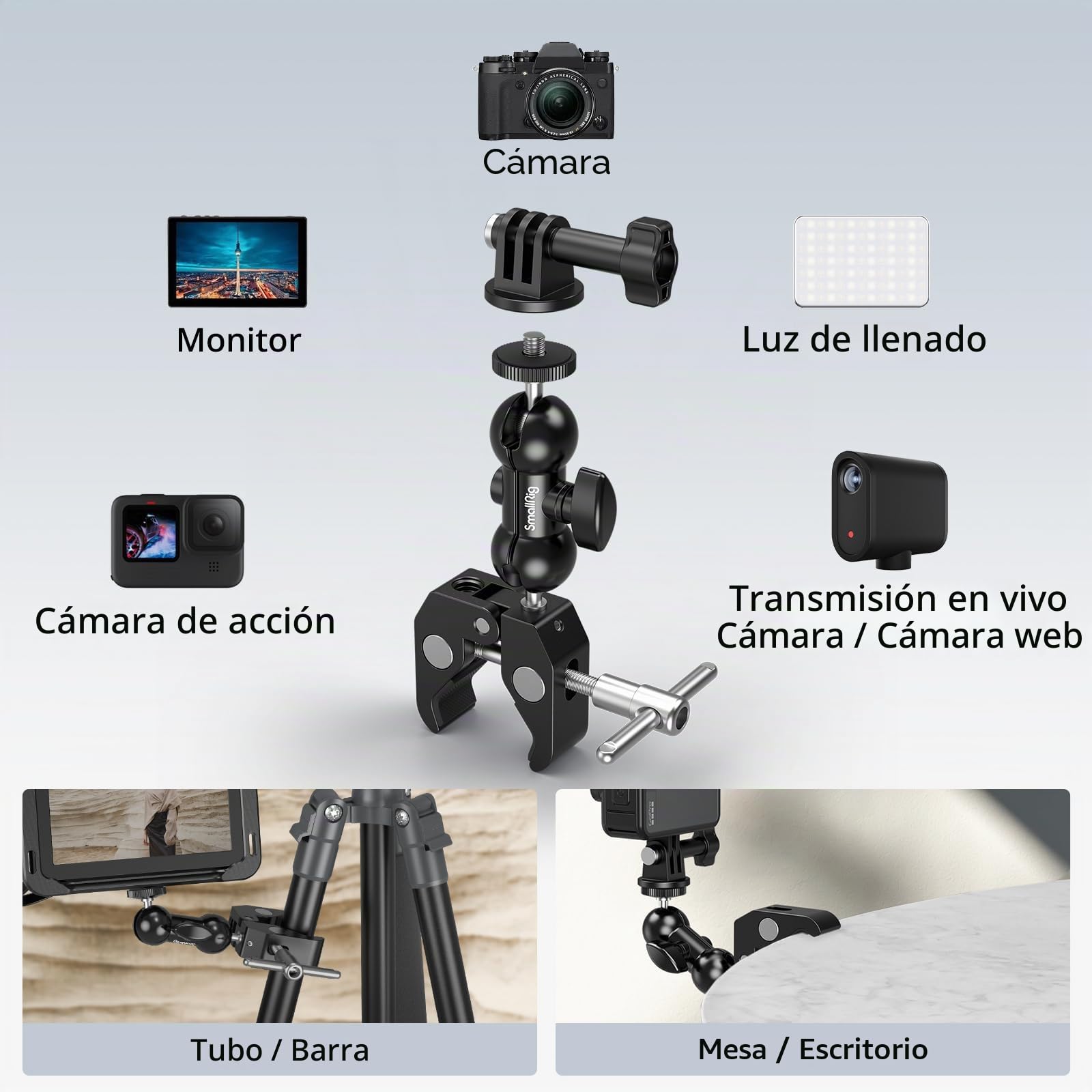 SMALLRIG Paquete de 2 abrazaderas de cámara súper, adaptador de brazo mágico de doble cabezal esférico, montaje para valla/escritorio/trípode para monitor/luz/cámara, para Insta360, para Gopro, para