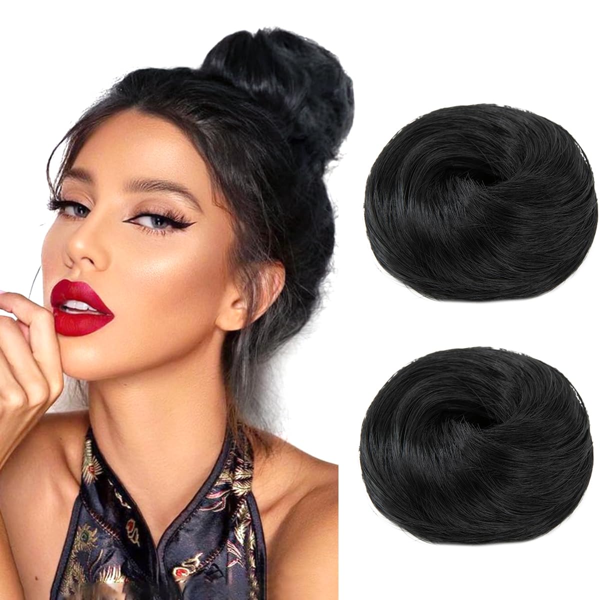 Photo 1 of IOVOIMMSL 2PCS Small Cute Messy Bun Hair Piece for Thin Hair Women Mini Synthetic Curly Bun Scrunchies Updo Hairpieces Black