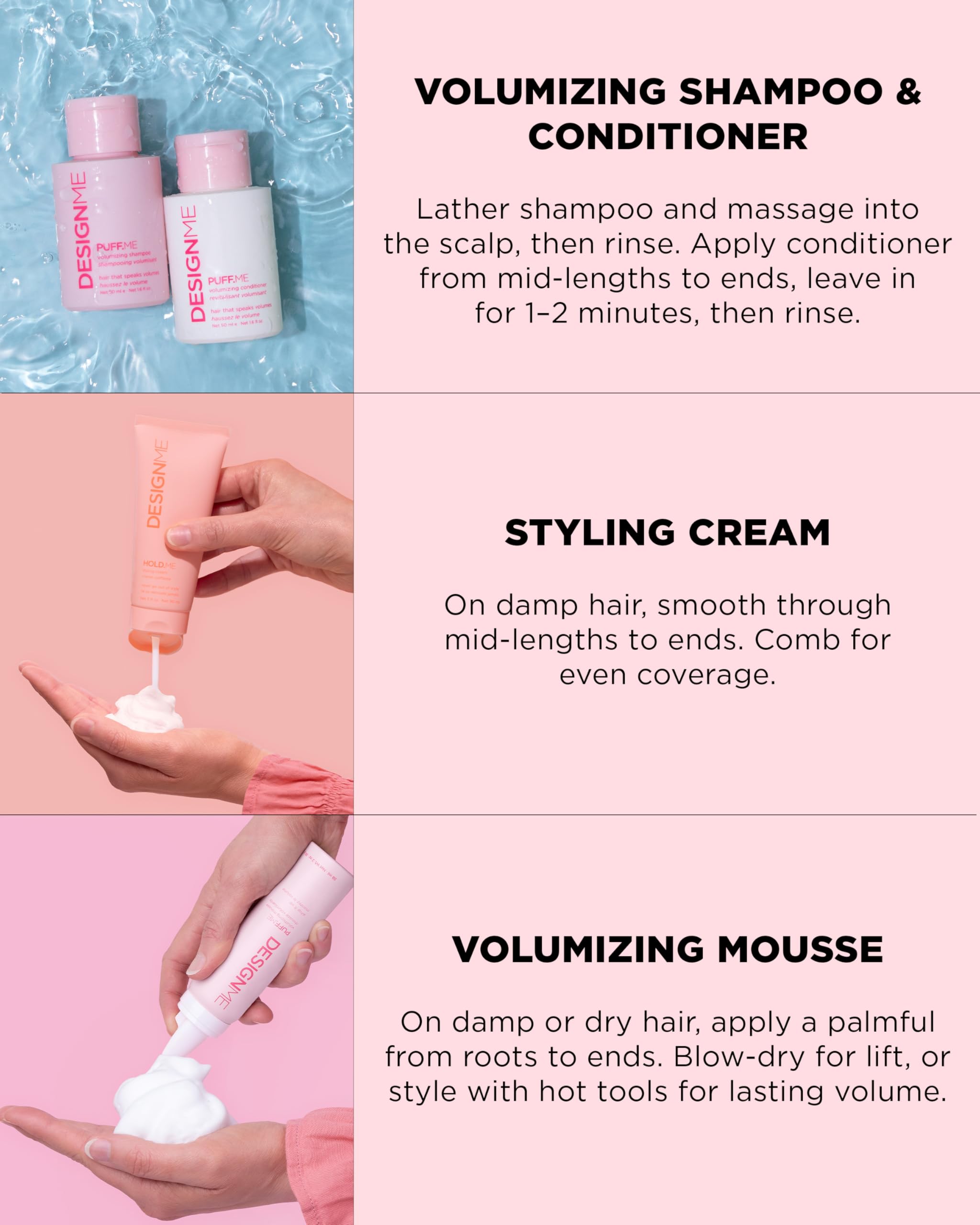 DESIGNME Dream Mane Volume Kit | Holiday Gift| Volumizing Shampoo & Conditioner, Hair Mousse & Styling Cream | Boosts Volume, Body & Fullness, Smooths Frizz & Heat Protection | Color Safe
