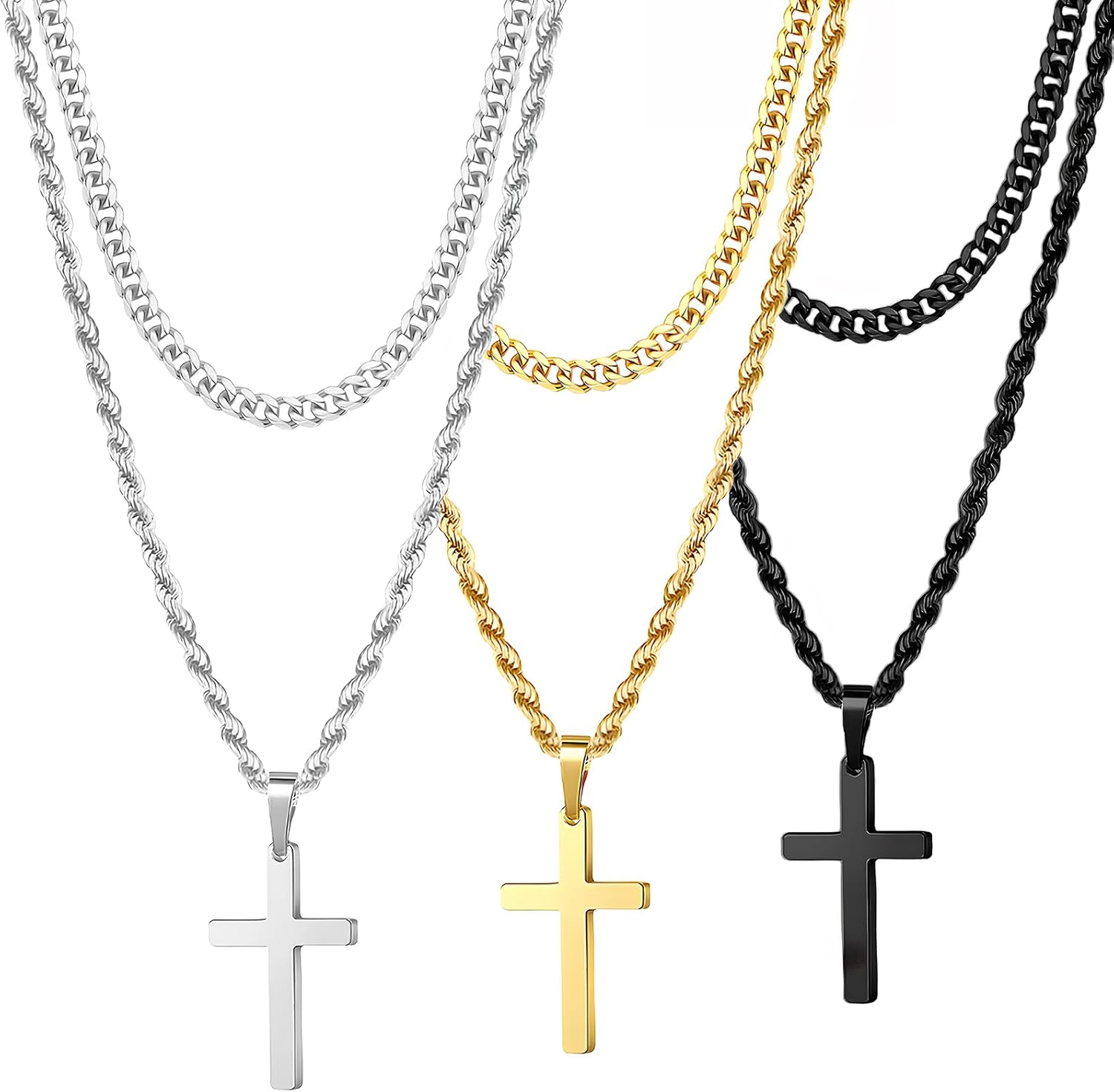 NEWITIN 3 Pieces Cross Necklace for Men Stainless Steel Layered Cross Chain Necklace Gold Black Silver Pendant Necklaces Cuban Link Rope Chain Simple Jewelry Gifts for Men Women