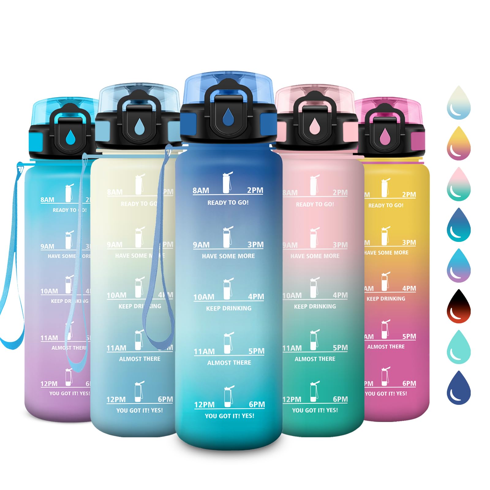 Trinkflasche Auslaufsicher 1L, Kohlensäure Geeignet, Motivierende Trinkflasche mit Zeitmarkierung, Sportflasche mit Filter, Wasserflasche Sport für Laufen, Bergsteigen, Reisen, Radtouren, Büro