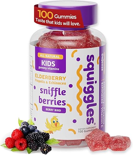 Sniffle Berries Gomitas de saúco con propóleo de abeja y equinácea, gomitas de defensa para niños, vitaminas para niños para apoyo inmunológico,