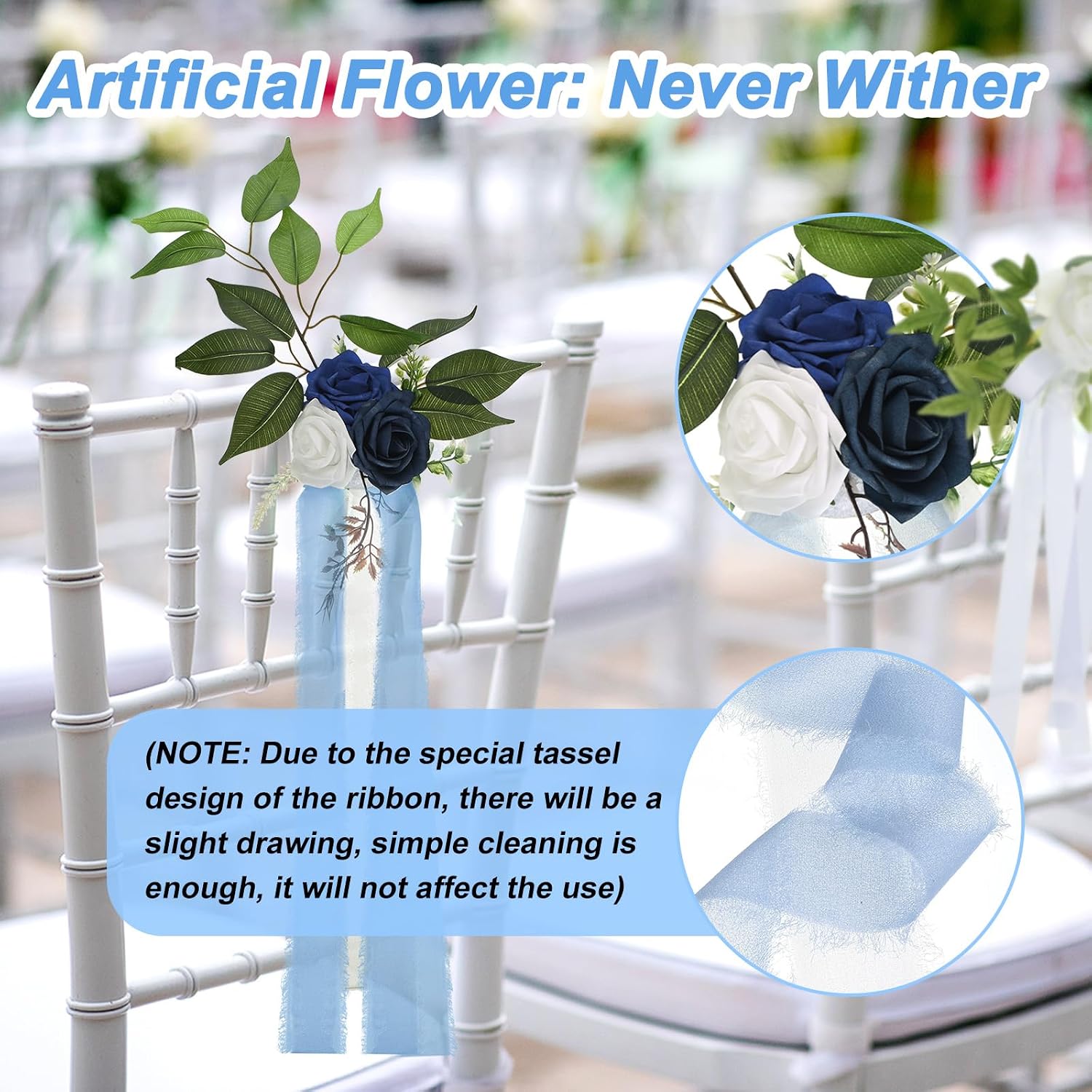 PATIKIL Wedding Chair Decoration Set of 10 Pew Flowers for Wedding Aisle Decorations with Artificial Flowers Eucalyptus and Ribbons for Church Chair Party Ceremony, Blue