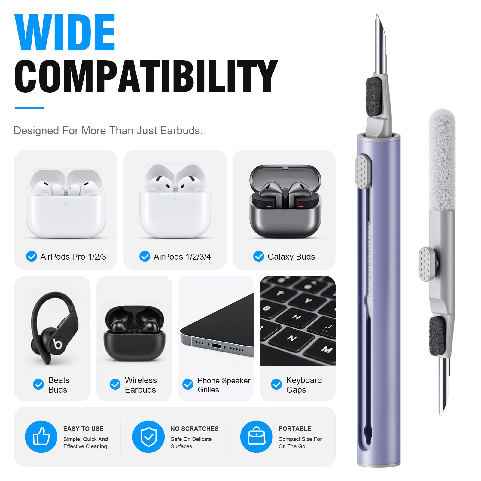 Hyashee Zestaw do czyszczenia Airpods Pro 1, 2, 3, wielofunkcyjny długopis czyszczący z miękką szczotką, flokowana gąbka do słuchawek Bluetooth, narzędzia do czyszczenia, lawendowy fioletowy