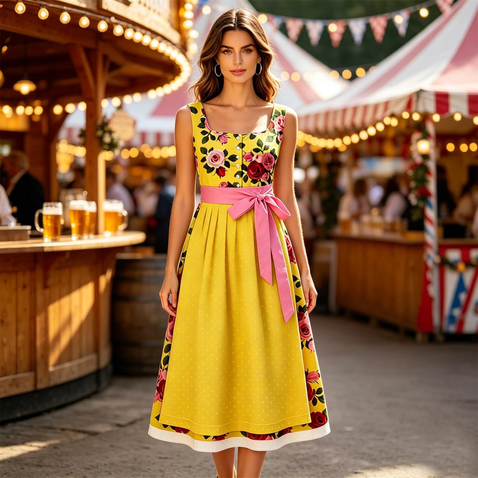 Abito a Pois Stile Oktoberfest con Fiocco in Vita e Maniche Lunghe.