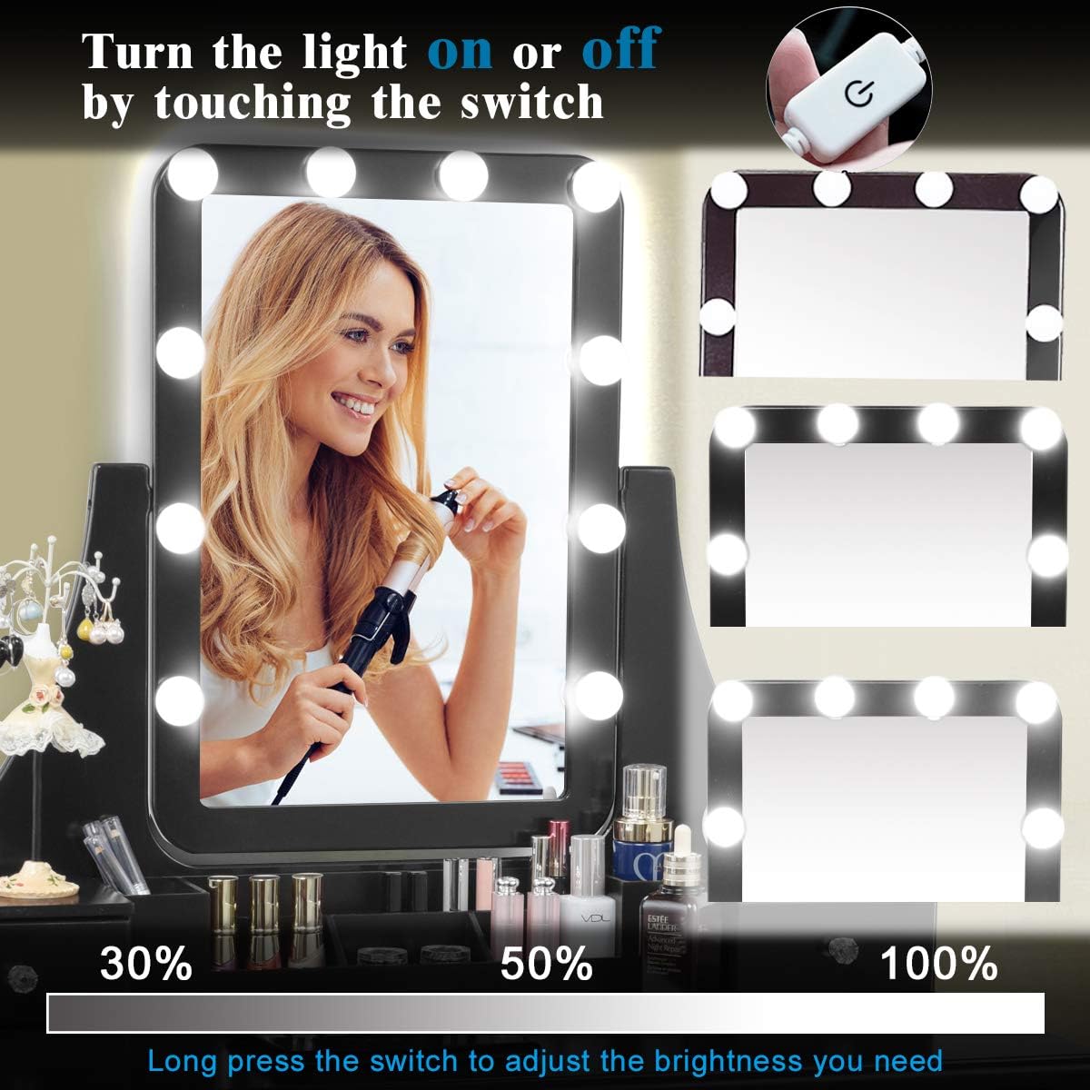 CHARMAID Vanity Set with Lighted Mirror, 10 Dimmable Light Bulbs Vanity Dressing Table, 5 Drawer with 2 Dividers Removable Organizer, Makeup Table and Cushioned Stool Set with 10 LED Bulbs (Black)