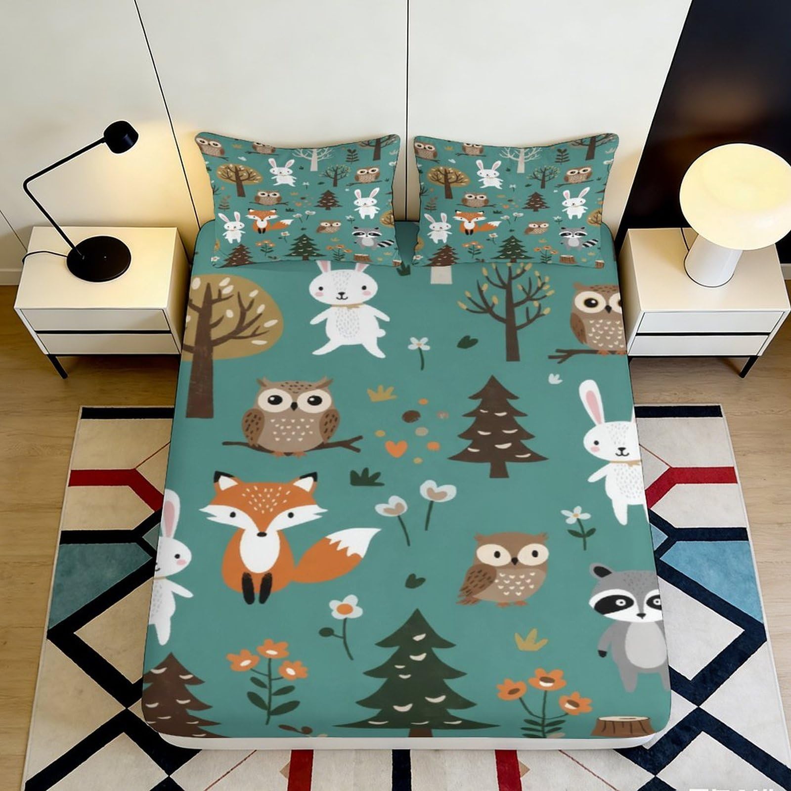 3D Printed Forest Animal Fitted Sheet Microfiber Soft Green Woodland Owl Fox Mattress Cover for Bedroom Dorm Decor 90x200x25cm