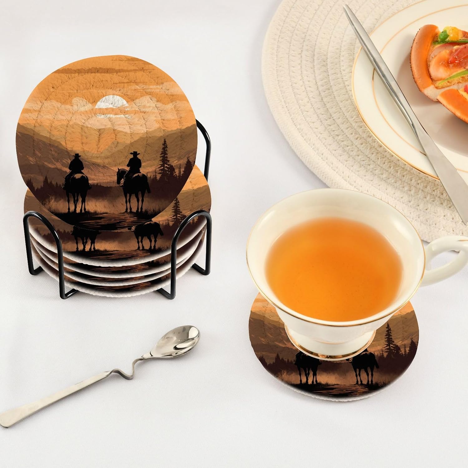 YETTASBIN Western Cowboy 6 Pcs Drink Coasters with Holder, Cotton Woven Absorbent Heat-Resistant Round Coaster Non-Slip Table Mat for Kitchen Bar Home Decor Housewarming Gift, 3.9 in - Image 5