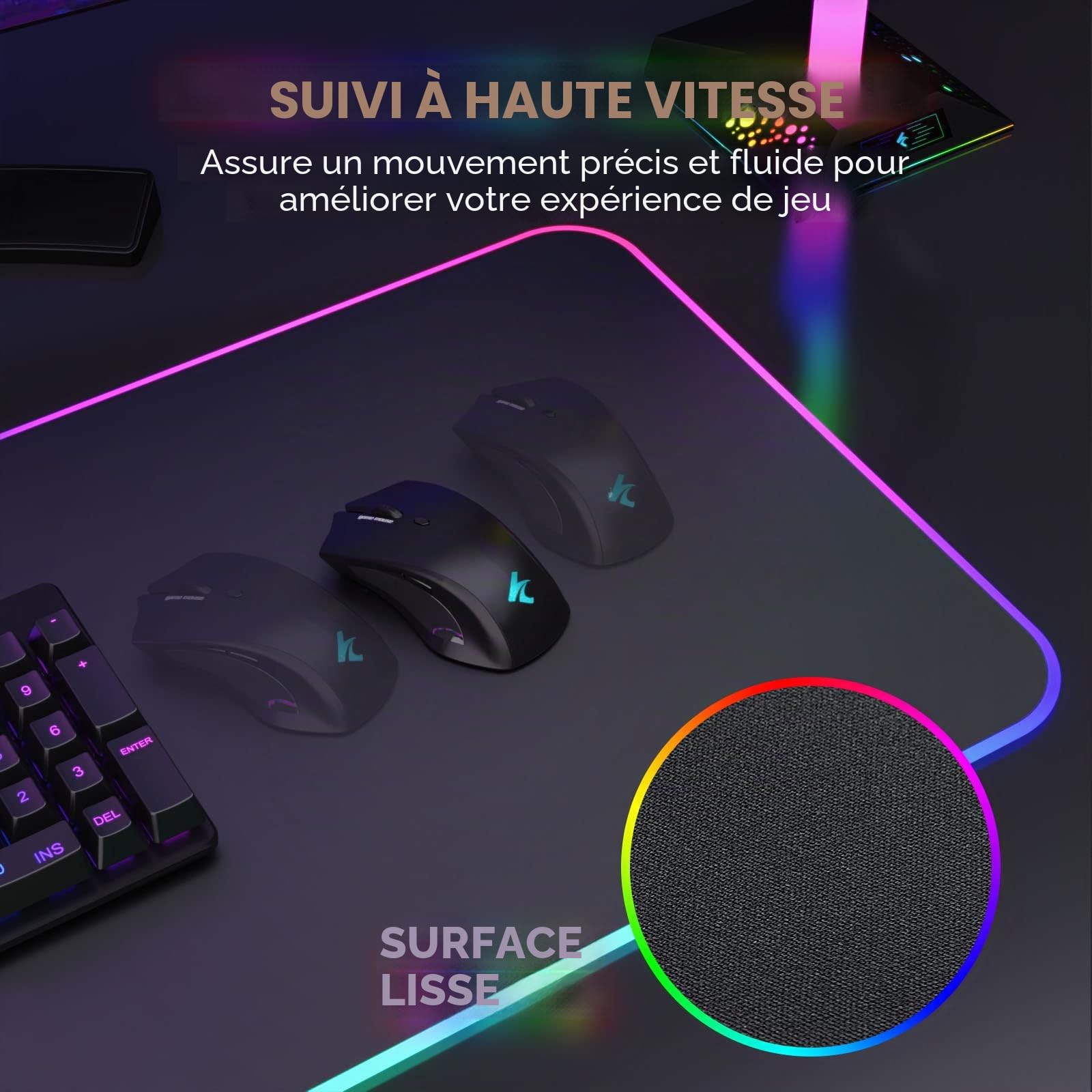 Hcman RGB Tapis de Souris de Jeu Grand, Epais (800×300×4mm) Tapis de Souris en LED Etendu de Taille XXL avec Base Antidérapante en Caoutchouc, de Clavier d’Ordinateur Doux