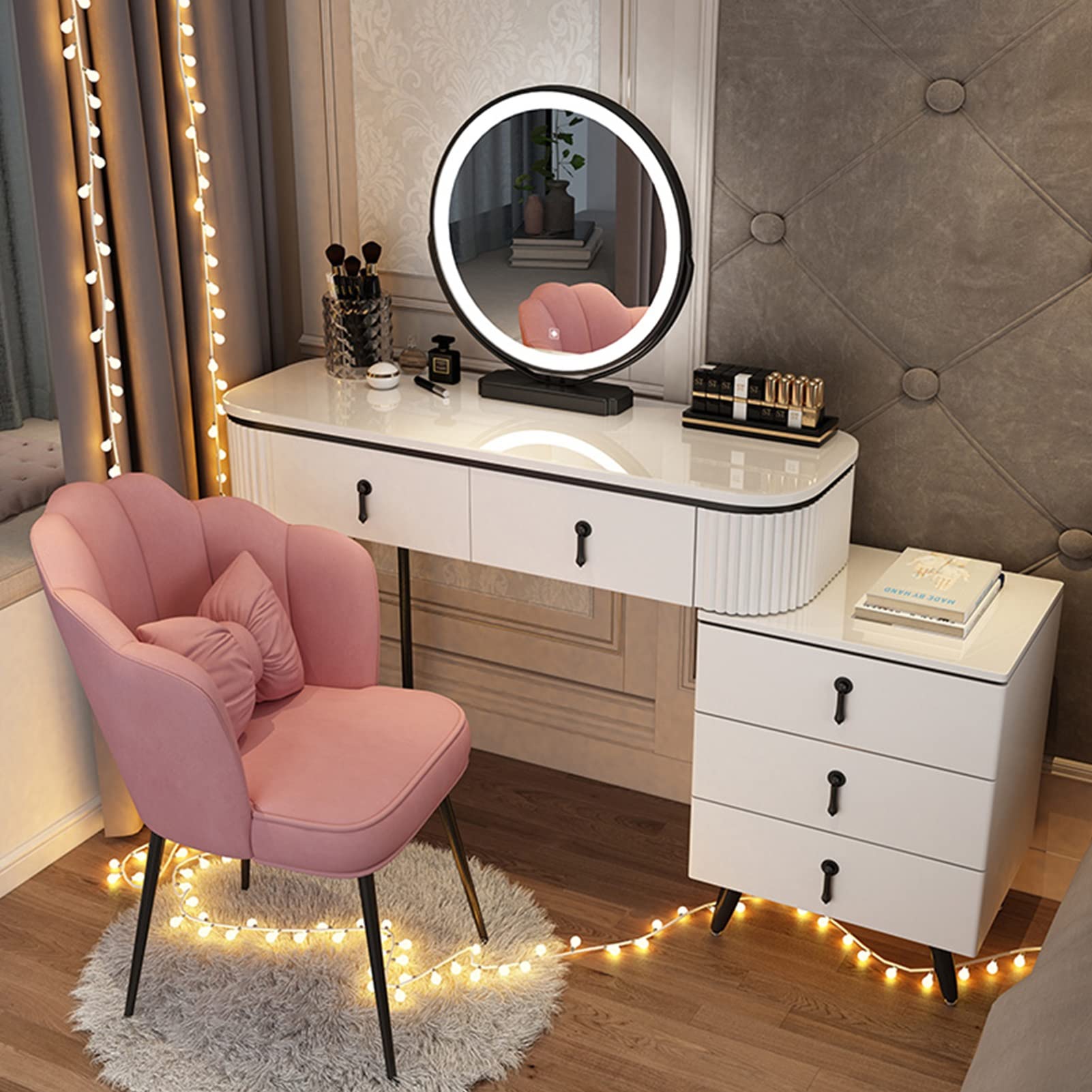 asdchZen Modern Dressing Table Set With Led Light Mirror, Movable Nightstand, Cushioned Stool, Stylish Makeup Vanity For Women & Girls-White, 100Cm/39.3In,White C-100cm/39.3in